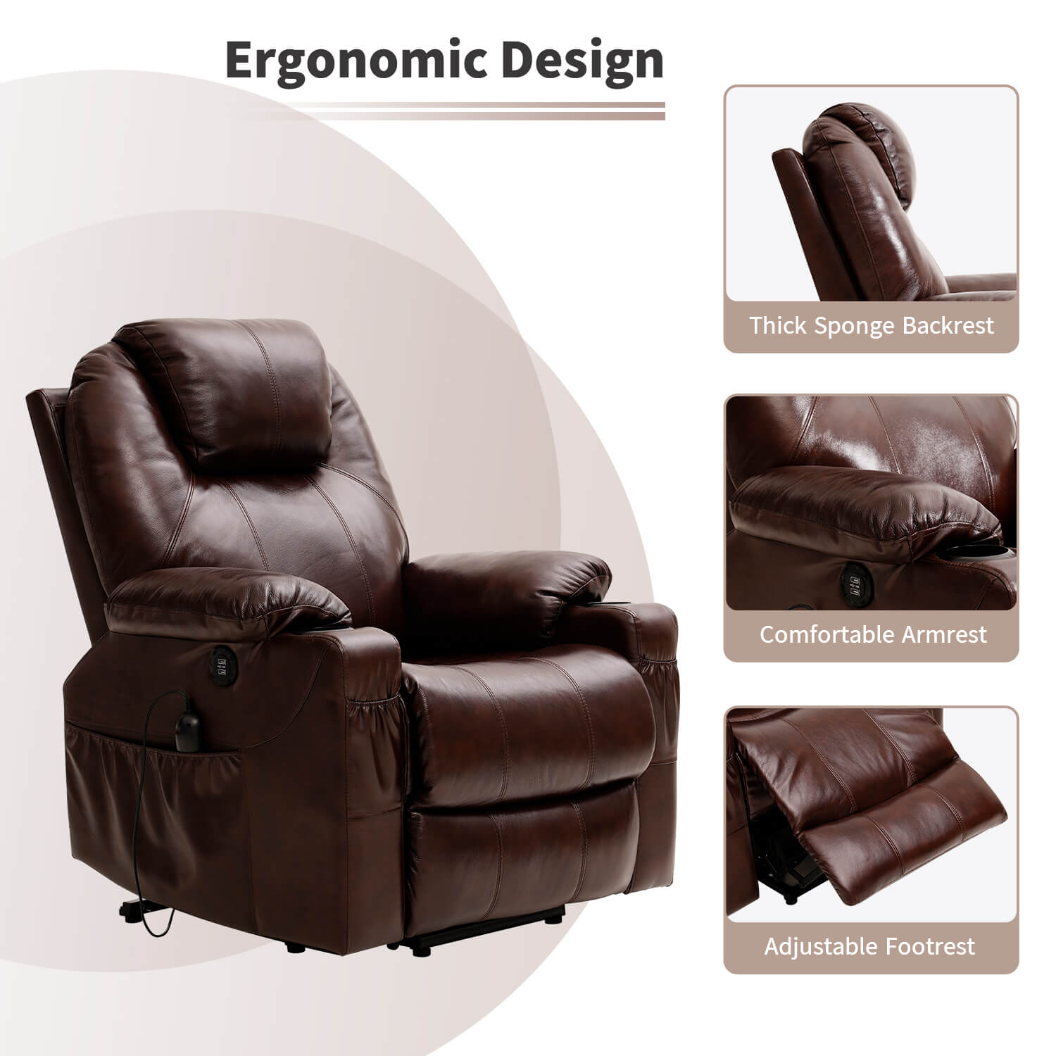 Fauteuil releveur électrique 3 positions avec repose-talon et massage, revêtement en cuir véritable