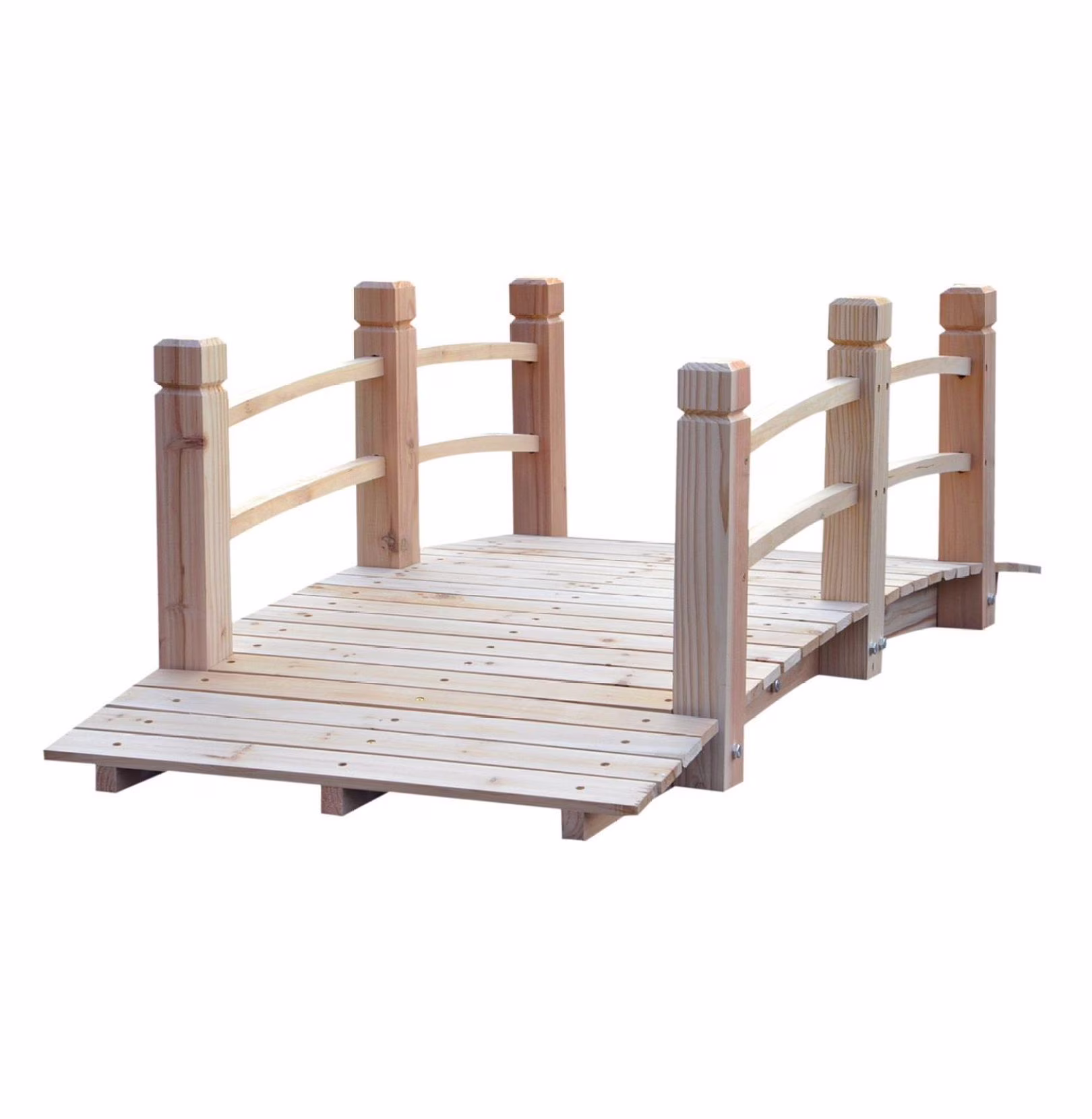 5ft Wooden Garden Bridge Arc Footbridge, Natural Wood with Railings - Backyard Pond Bridge, Decorative Landscape Arch Bridge