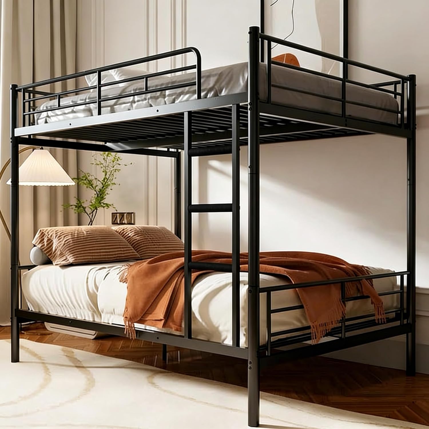 Full Over Full Metal Bunk Bed for Adults & Kids, Convertible to 2 Separate Full Size Beds, Heavy Duty Bunk Bed Frame with Full-length Guardrail & EVA Padded Ladder, No Box Spring Needed, Black