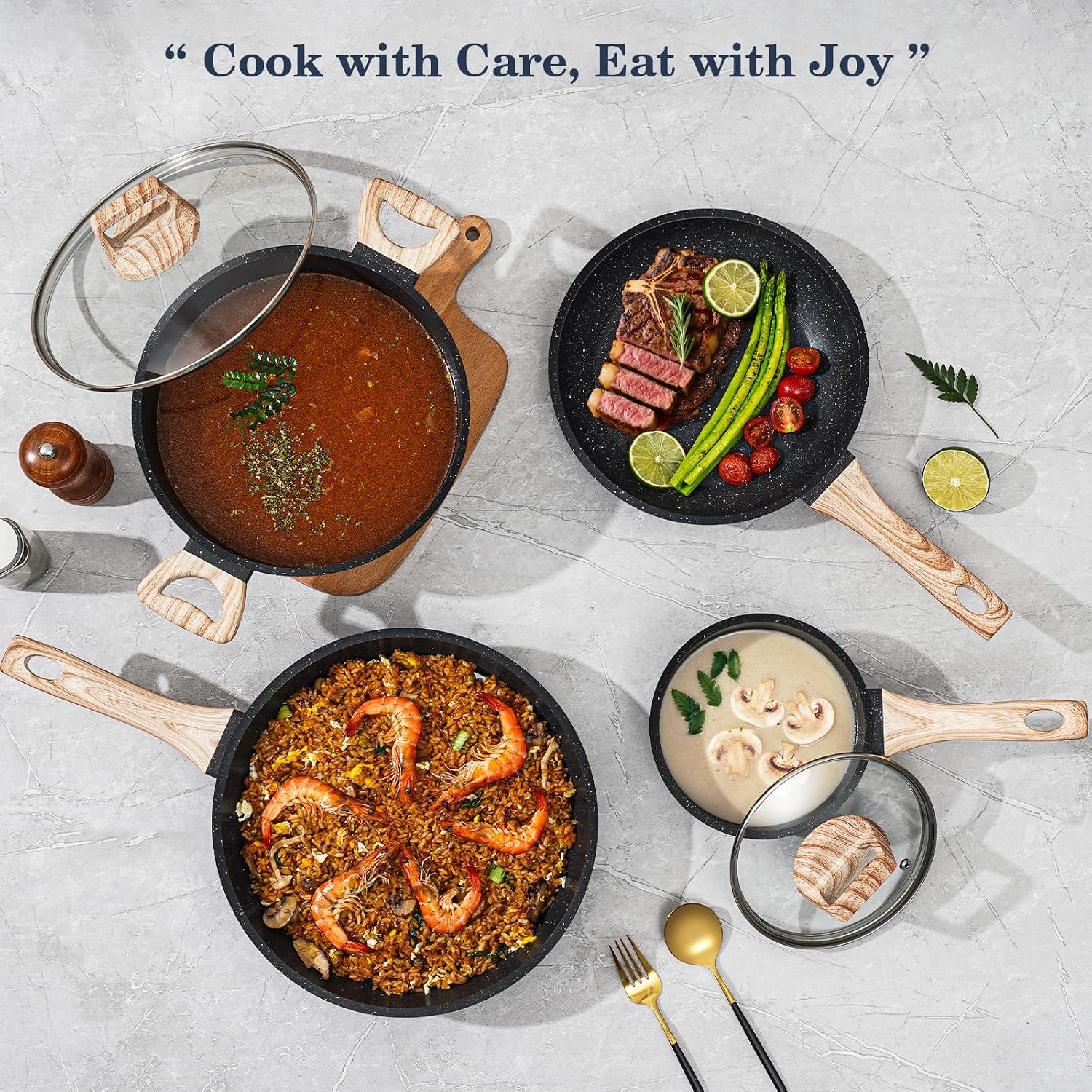 SODAY Pots and Pans Set Non Stick, 12Pcs Black Granite Induction Cookware