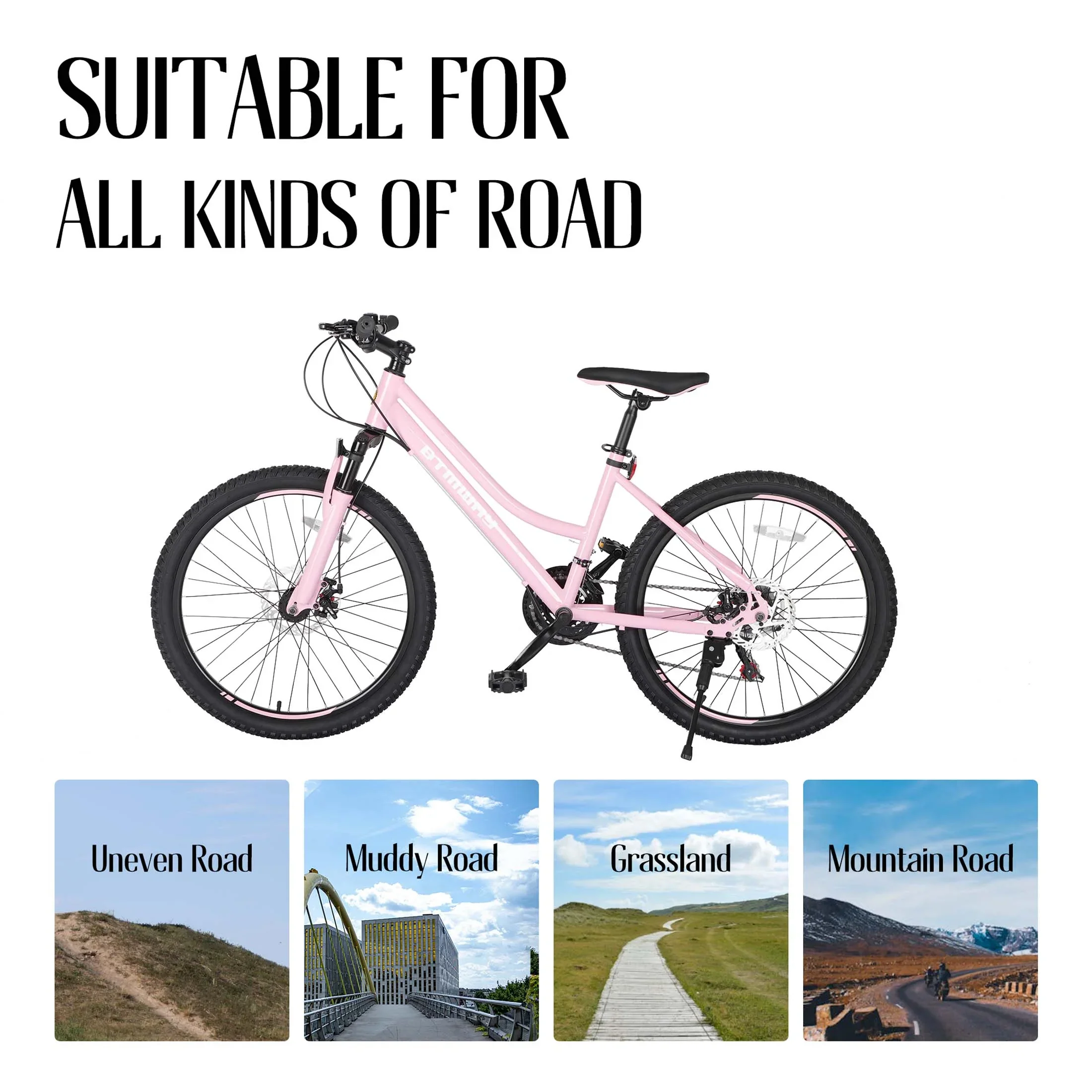 iRerts 24 Inch Mountain Bike, Shimano 21 Speed Mens Mountain Bike, Gear MTB Mens Bicycle with Dual Disc Brakes and Front Suspension, Pink