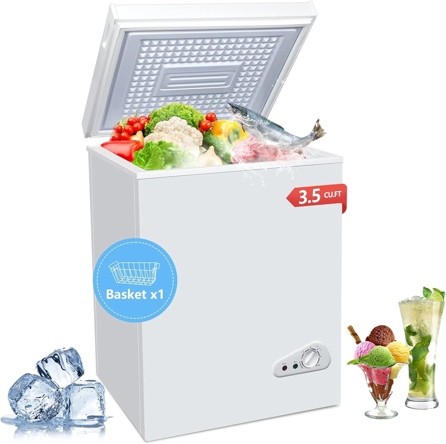 3.5 Cu.Ft Chest Freezer with a Removable Basket 7 Gears Adjustable Temperature Control(-18°F to -46°F), Deep Compact Freezer for Garage, Office, Basement, House, Kitchen, Shop, RVs-White