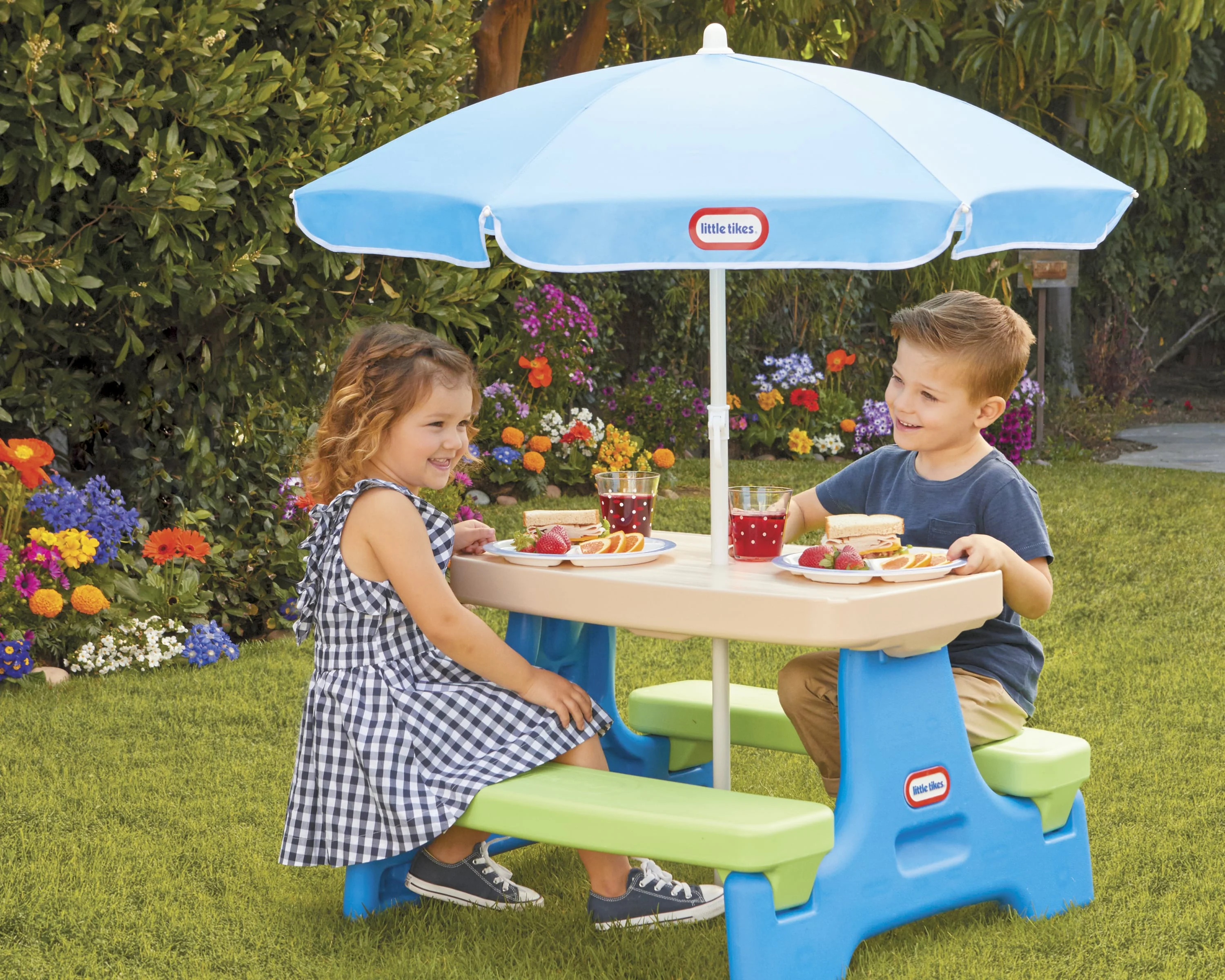 Little Tikes Easy Store Kids Durable Picnic Table with Umbrella, Indoor Outdoor, Ages 2+
