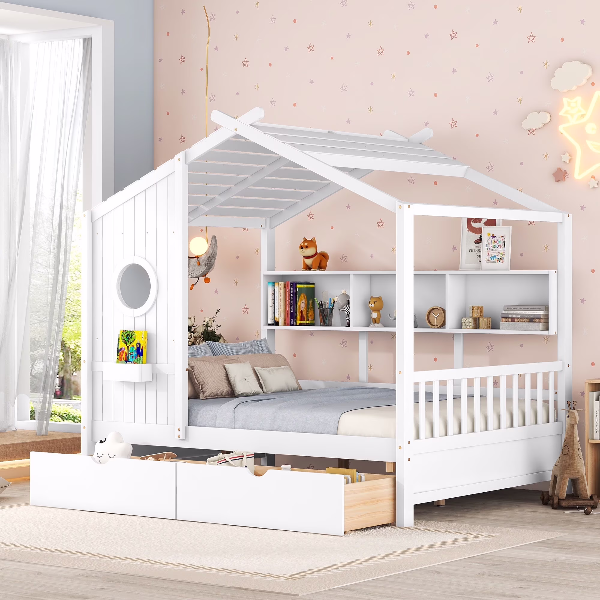 Bellemave House Bed with 2 Drawers and Storage Shelves, Wood Full Size Montessori Bed Frame with Roof and Window, Playhouse Bed for Bedroom (White)