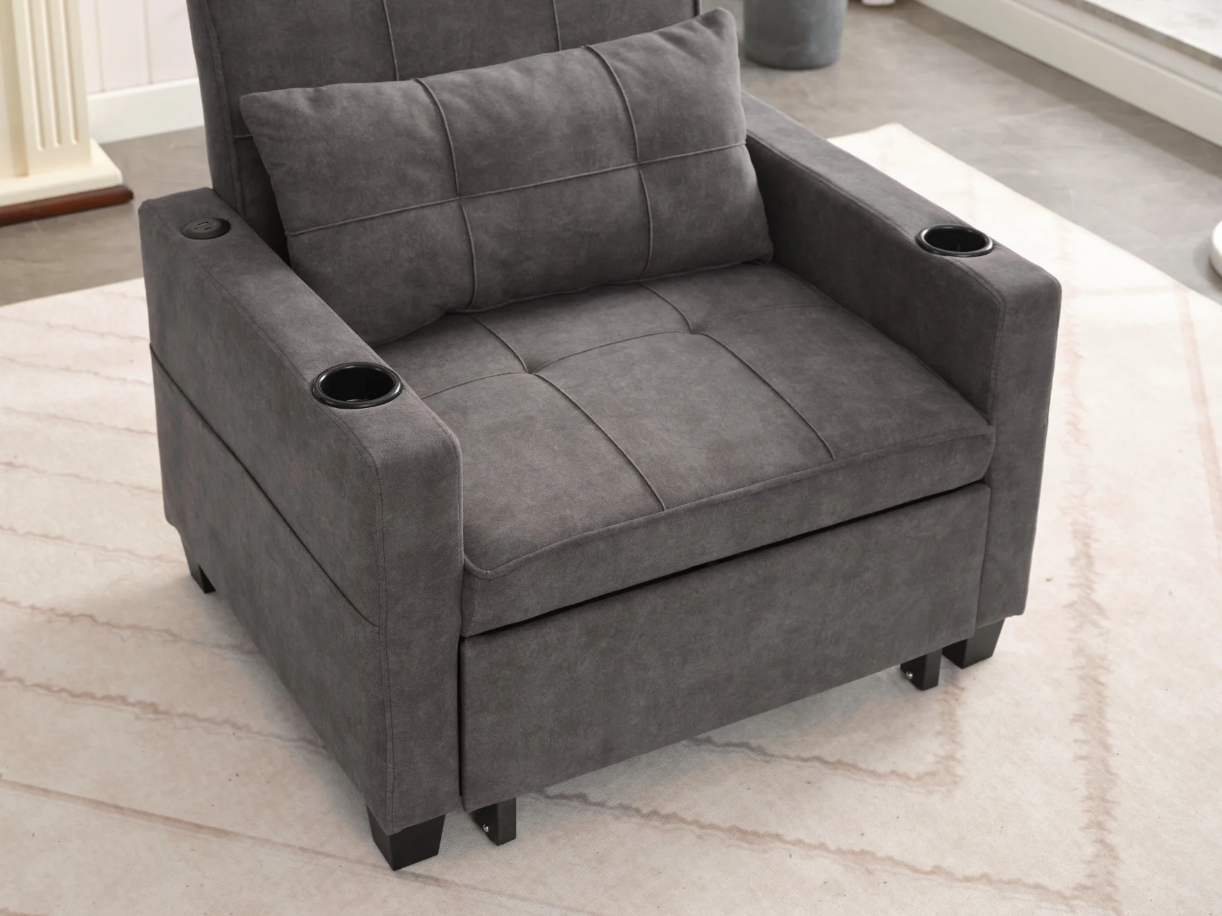 Convertible Futon Sofa Bed, 3 in 1 Multi Functional Sleeper Chair Bed with USB Ports, Adjustable Backrest Recliner,for Living Room Bedroom Small Space, Tech Cloth, Dark Grey(Tech cloth/Dark Grey) Image 9