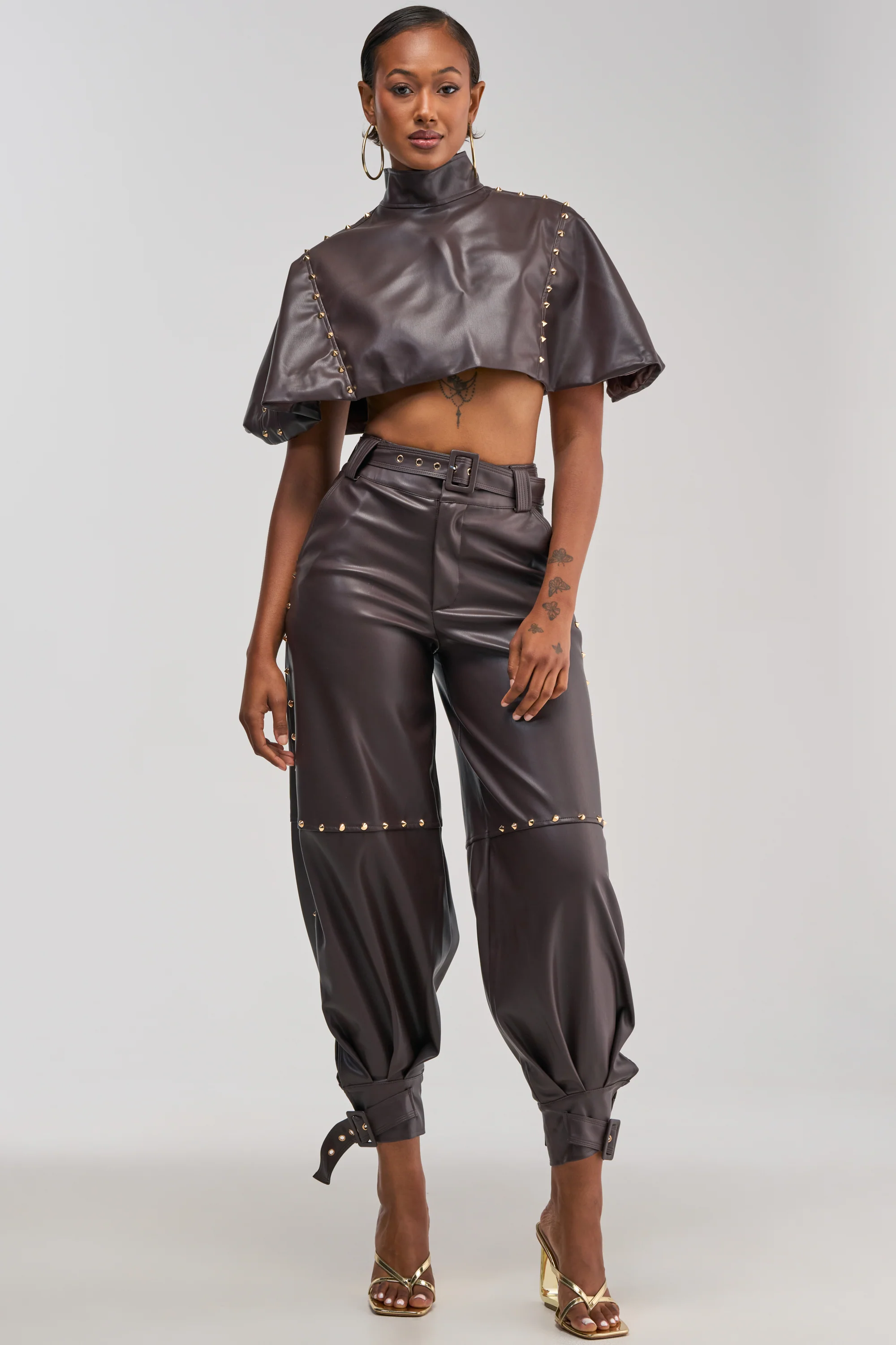 STUDDED FAUX LEATHER BELTED PANT IN DARK CHOCOLATE - Akira Store