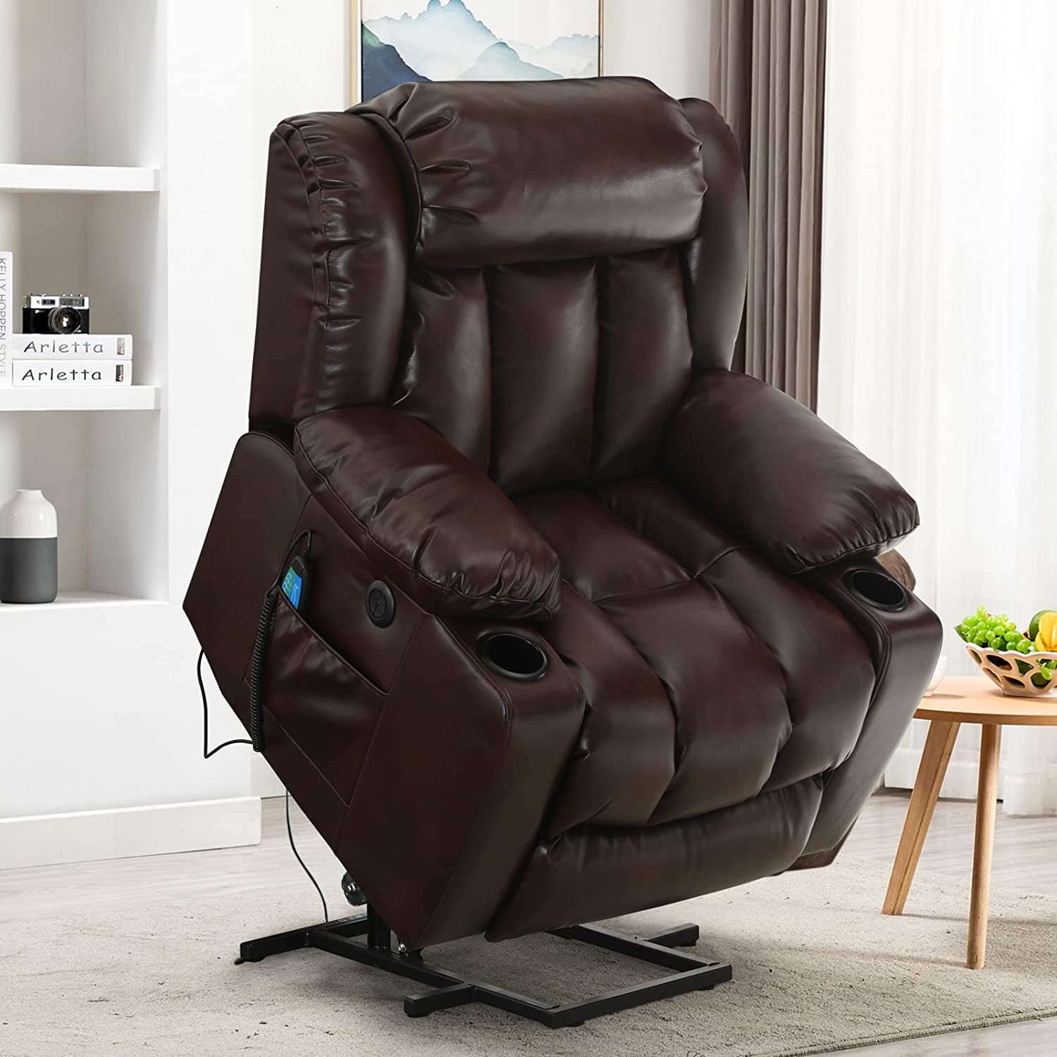 Clearance Sale MCombo Large Lay Flat Dual Motor Power Lift Recliner Chair Sofa with Massage and Heat, USB Ports, Cup Holders, Extended Footrest！