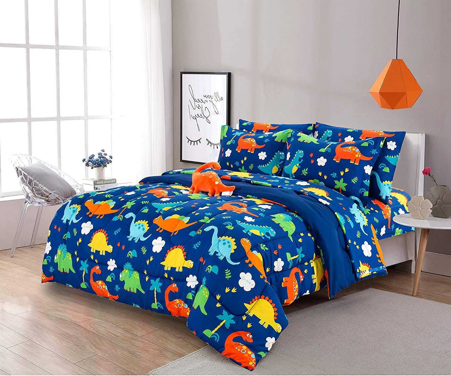 Sapphire Home 6 Piece Twin Kids Boys Comforter Set Bed in Bag w/shams, Sheet Set & Decorative Toy Pillow, Dinosaurs Print Blue Green Boys Kids