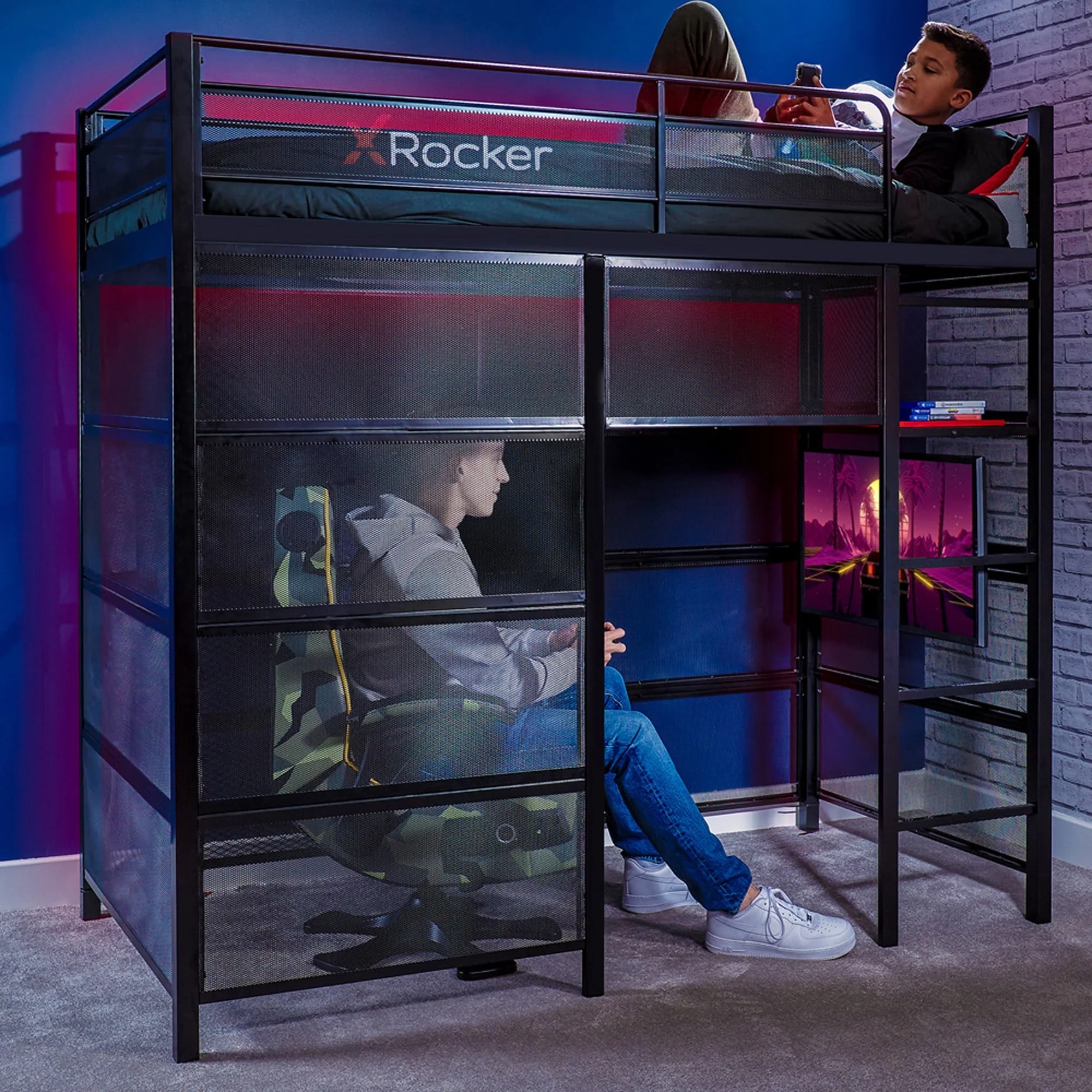 Gaming Den Bunk Bed with VESA TV Mount, Twin, Black, Teen, Children