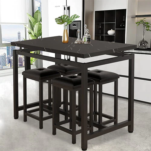 5 Piece Bar Table Set, Kitchen Counter Height Table with 4 Stools, Space Saving Pub Table Set for 4 Person with Metal Frame, Wood Dining Table & Chair Set for Breakfast Nook Pub Bistro, B945
