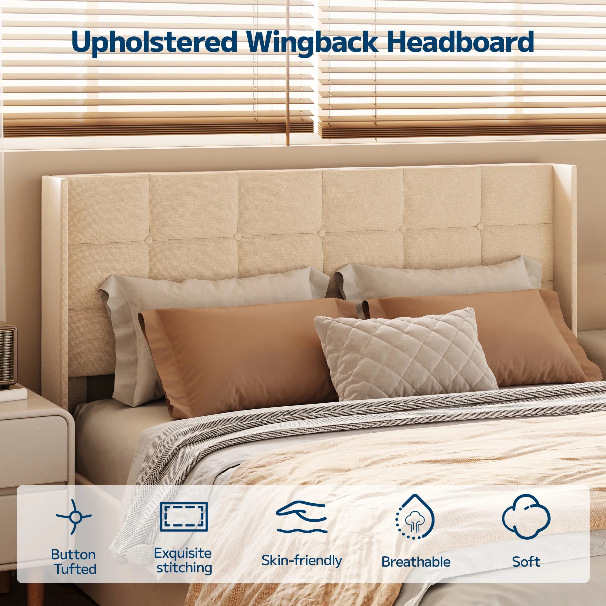 Queen Storage Bed Frame with Hydraulic Lift, Upholstered Headboard Wood Slats, Beige(Queen/Beige) - Image 3