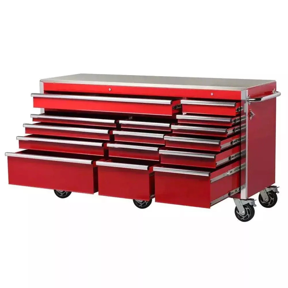 Coffre à outils mobile Husky robuste de 183 cm (L) x 61 cm (P) avec 15 tiroirs, plateau en acier inoxydable et double verrouillage, rouge.