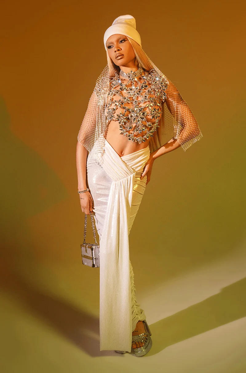 ALL OF THE GLAMOUR SLINKY MAXI SKIRT IN WHITE - Akira Store