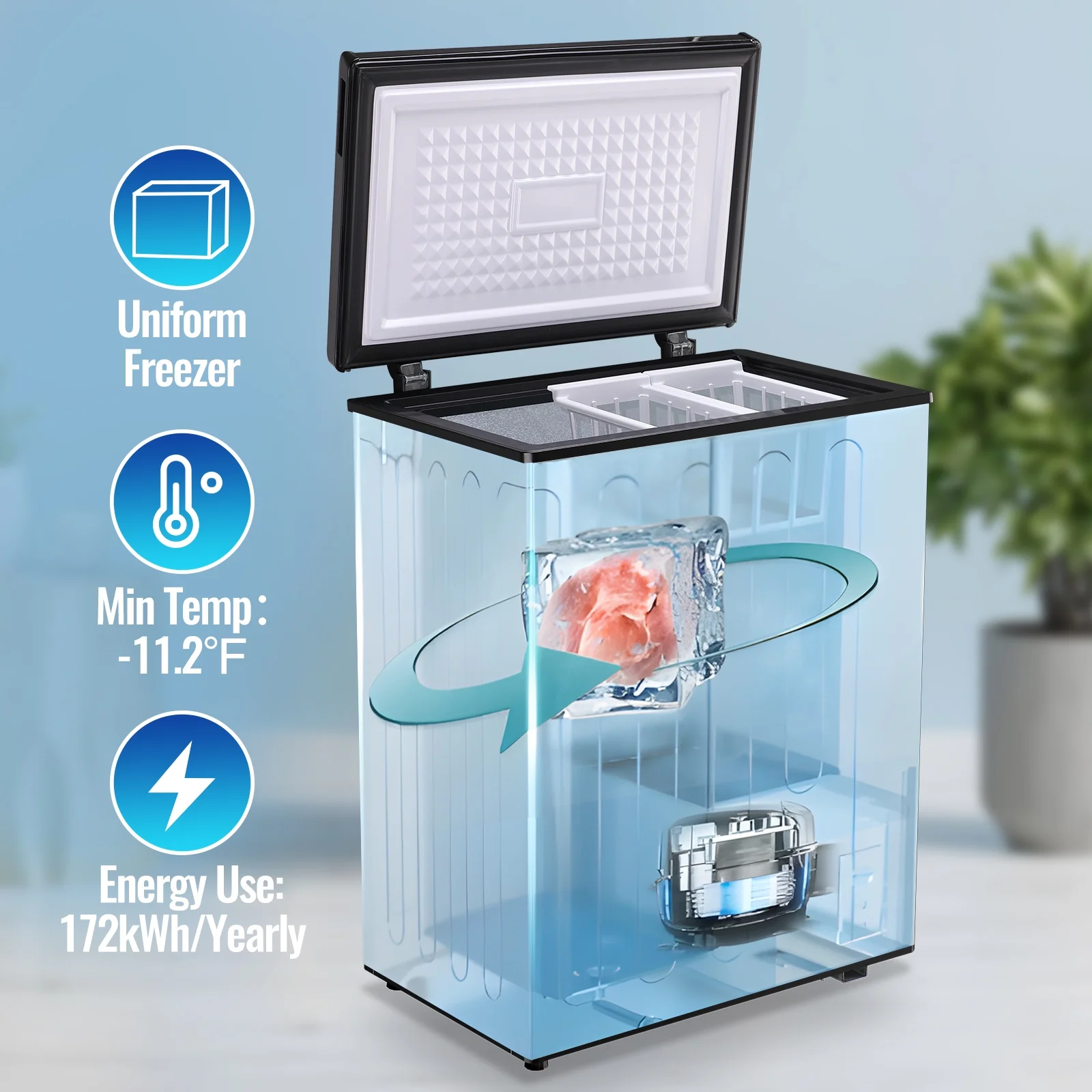 3.6 Cu.ft Chest Mini Freezer with Wheels Deep Freezer for Bulk Storage Top Open Door 2 Removable Baskets 7 Modes Temperature for Home Apartment Kitchen Black(Black) - Image 7