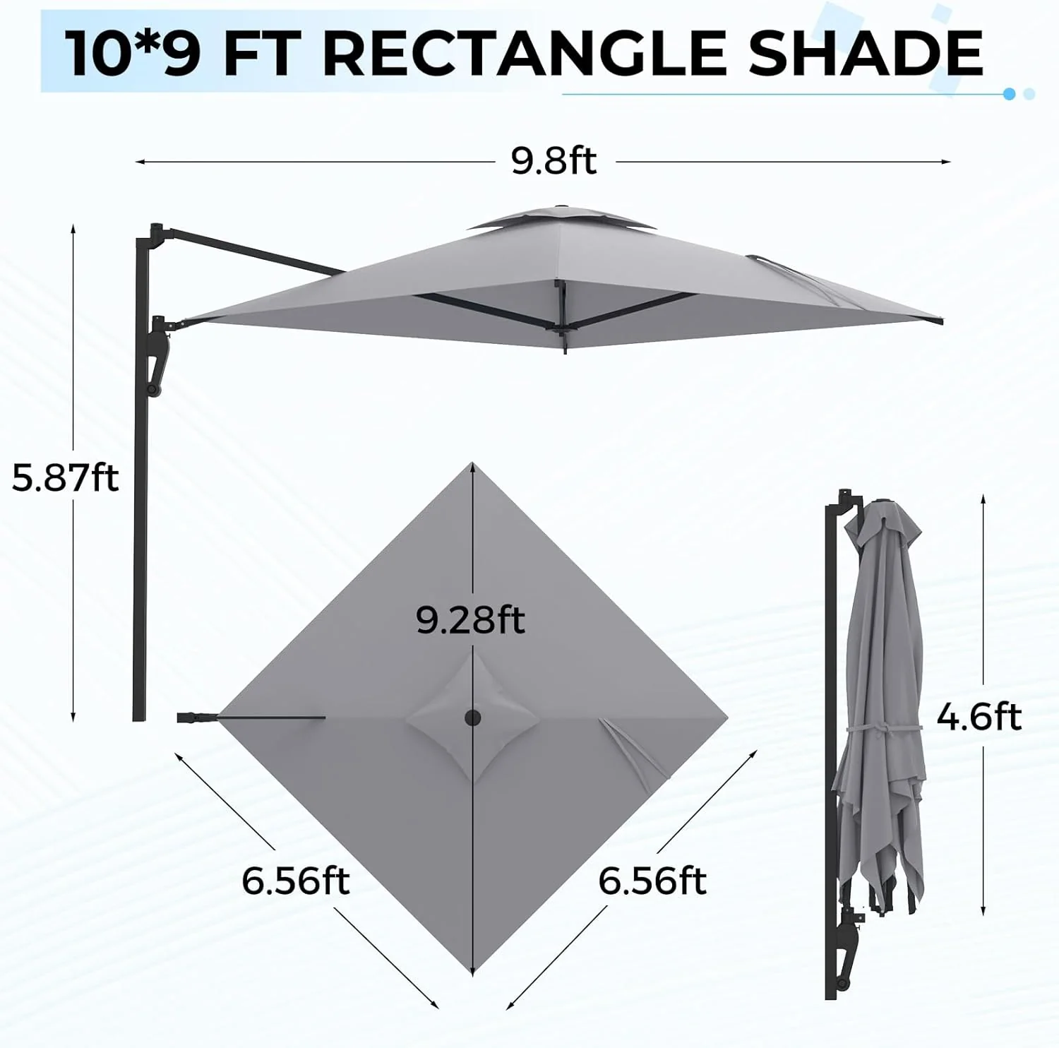 AECOJOY 10ft Cantilever Patio Umbrella, Large Rectangle Umbrella 180° Rotation Offset, Grey