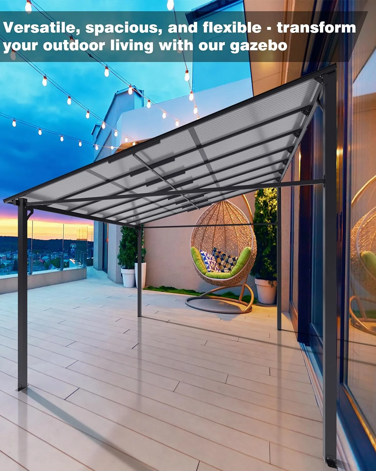 12'x20' Outdoor Hardtop Gazebo, Lean-to Pergola With Roof for Lawn Patio Deck Yard Party(12' x 20'/Grey) - Image 9