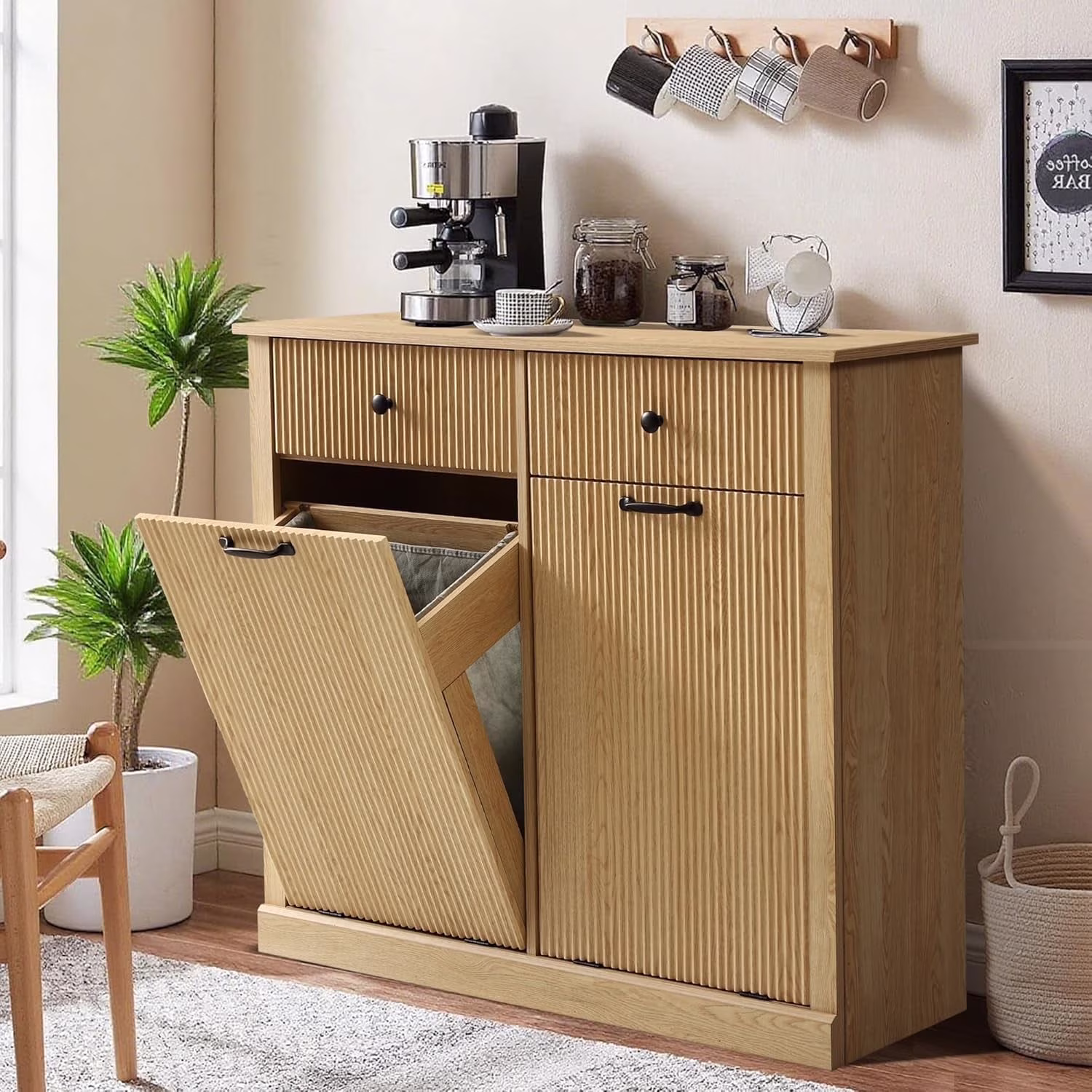 Double Tilt Out Laundry Hamper Cabinet, Modern Fluted Trash Can Cabinets with Drawer, Wooden Hidden Garbage Cabinet for Kitchen and Bathroom(Original Wood/Full)
