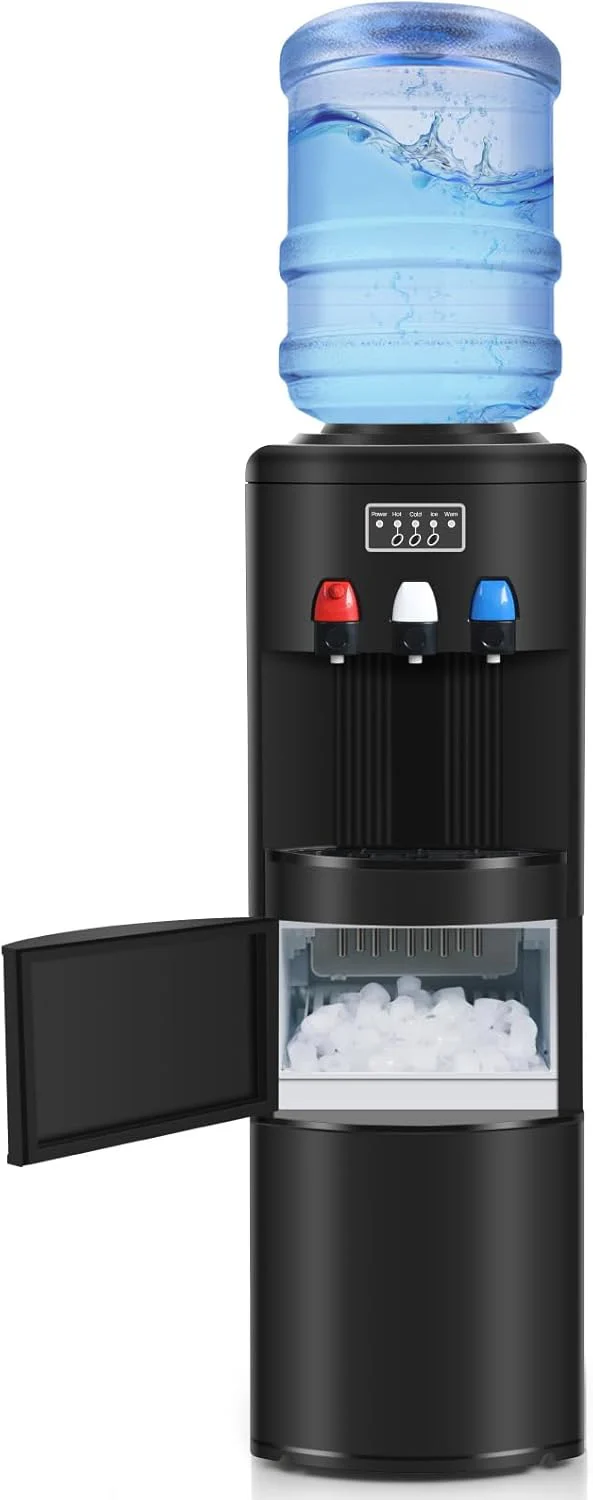 Fontaine à eau ICEPURE avec machine à glaçons intégrée, 3 en 1 (eau chaude et froide), capacité de 12 kg/24 h, chargement par le haut pour bonbonnes de 11 à 19 litres, sécurité enfant, noir.