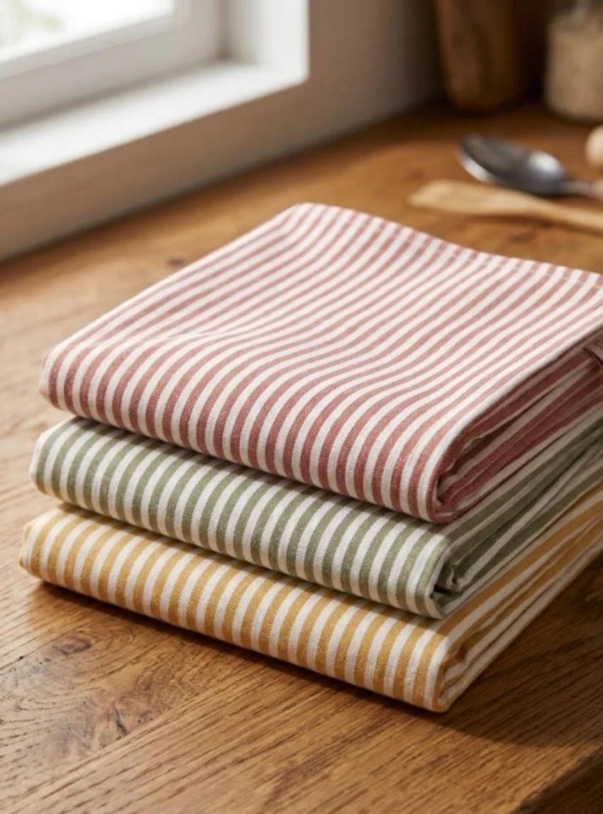 Lot de 3 torchons rayés coton kaki terracotta moutarde