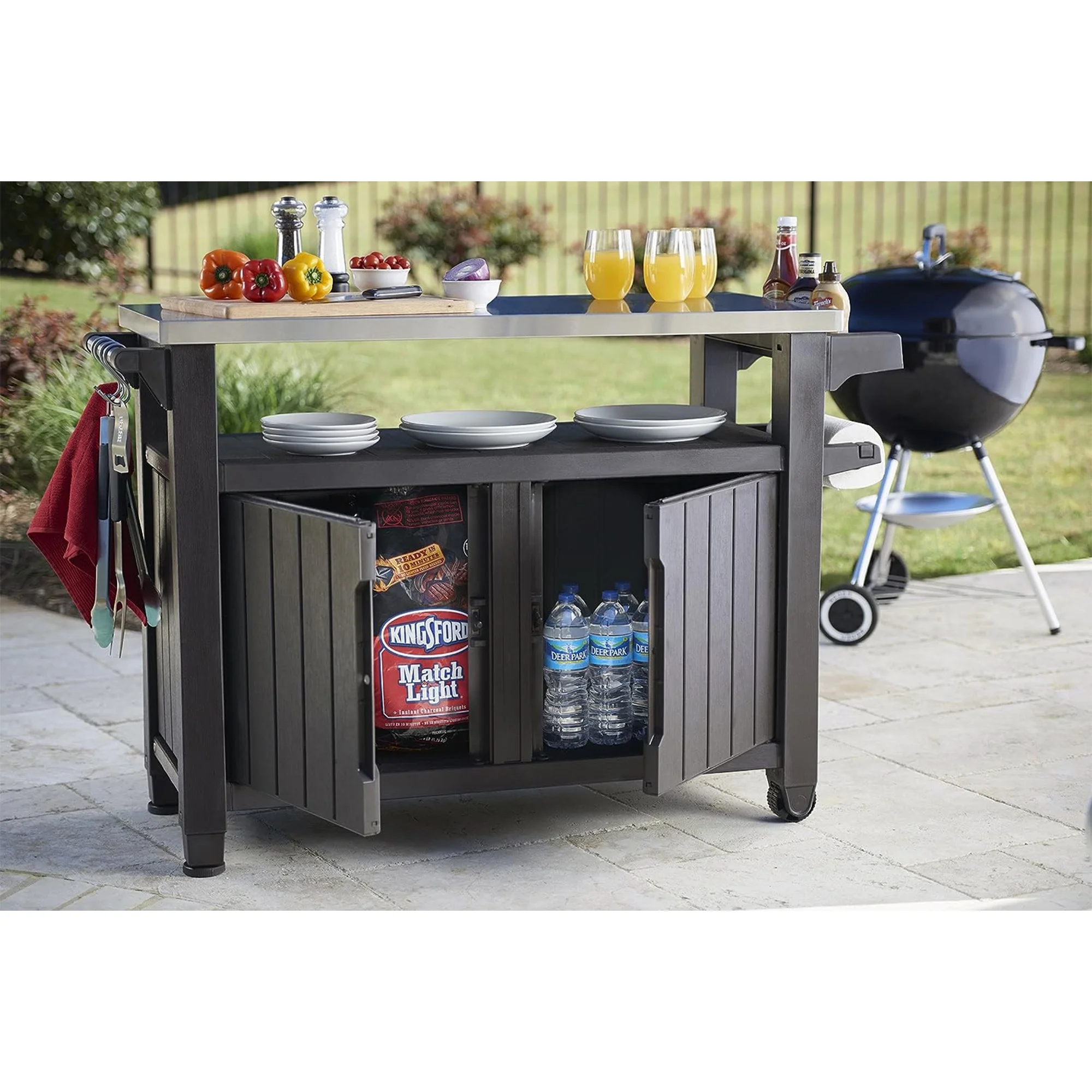 Unity XL Outdoor Durable Kitchen Rolling Bar Cart with Storage Cabinet, Brown - Image 7