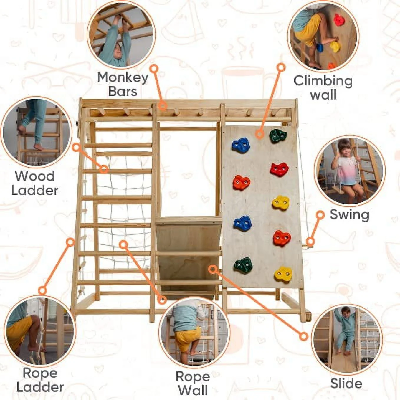 Avenlur Indoor Toddler and Child Indoor Gym Playground Climber Real Wooden Playset 6 in 1 Slide, Rock Climb Wall, Rope Wall Climbing, Monkey Bars, Swing, Ladder Fun Gym for Children Image 6