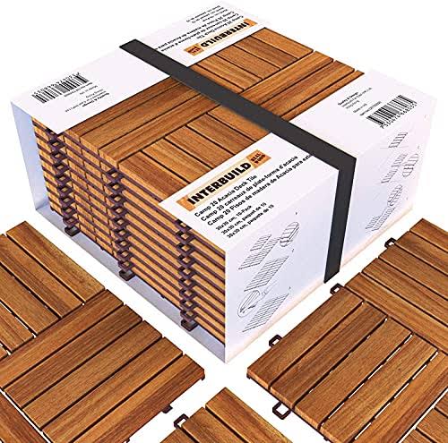 Interbuild Real Wood Interbuild Acacia Hardwood Decking Tilesdecking Board Golden Teak 3030cm 10 Tiles 09 per Pack for Patio & Balcony