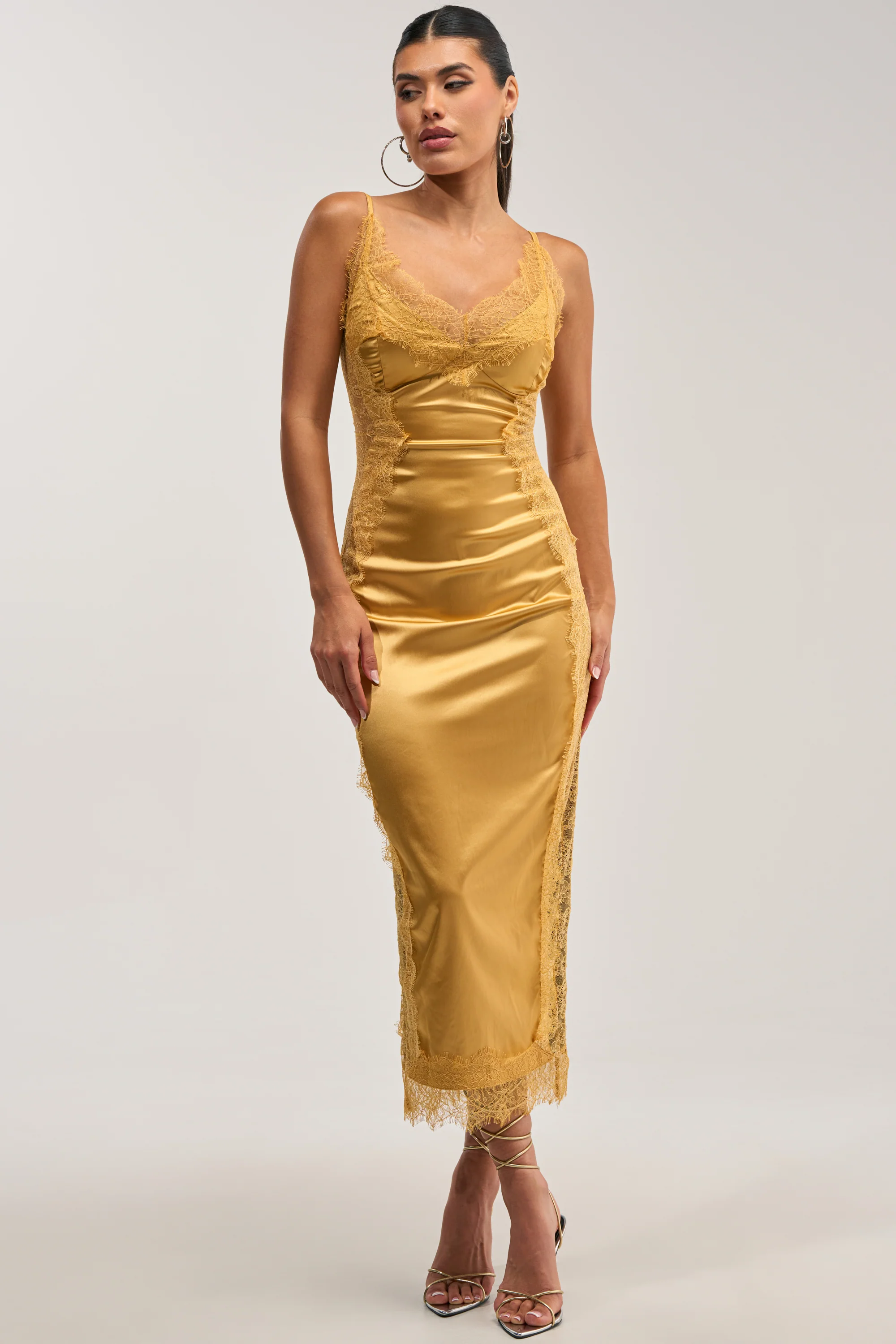 ESSENTIAL LACE TRIM SATIN SLEEVELESS MIDI DRESS IN GOLD - Akira Store