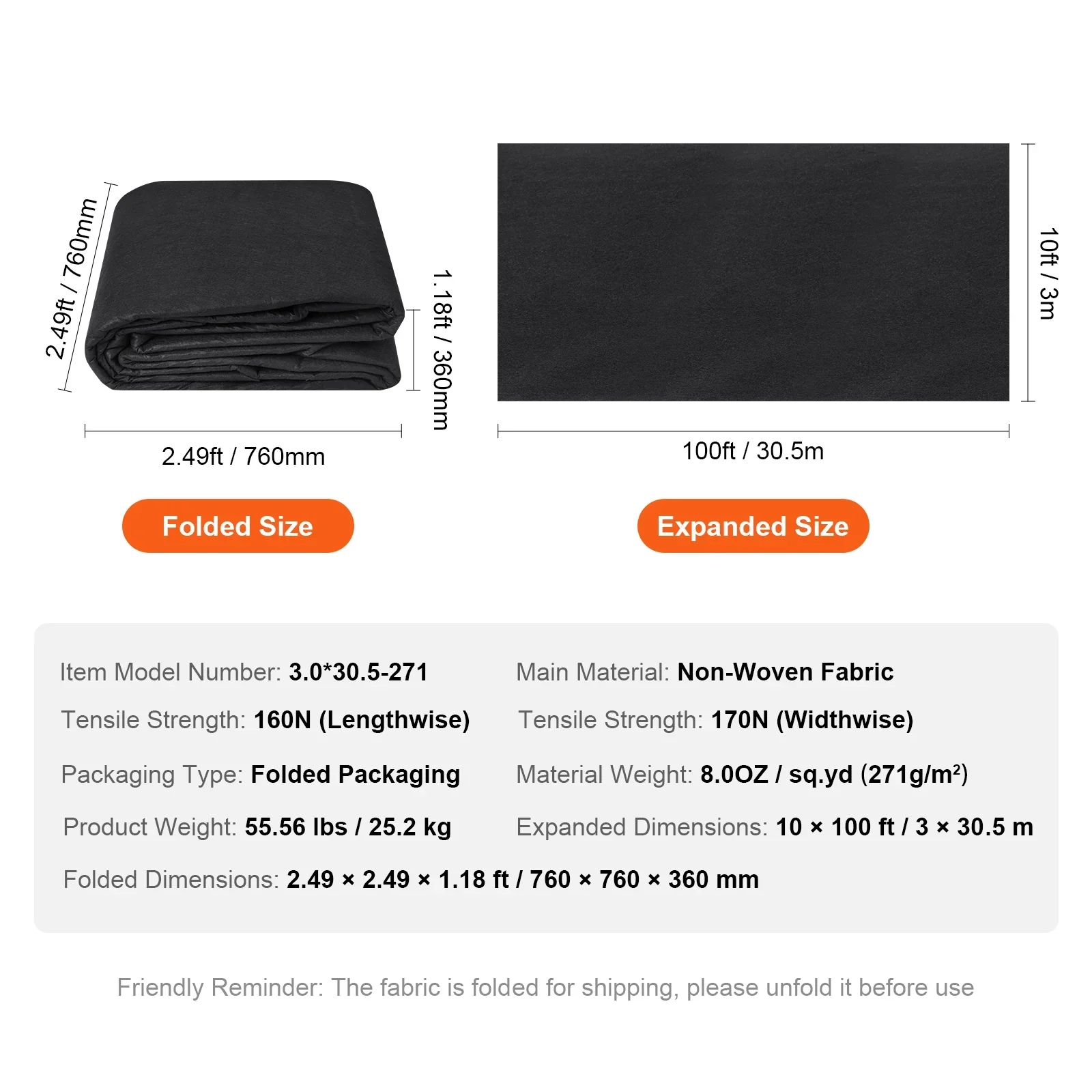 KFFKFF Weed Barrier 10x100FT Non-Woven Geotextile Fabric 8OZ Ground Cover Weed Control Fabric Landscape Fabric Weed Control Fabric for Commercial Greenhouse, Garden Barrier Cloth Blocker Mat, Black