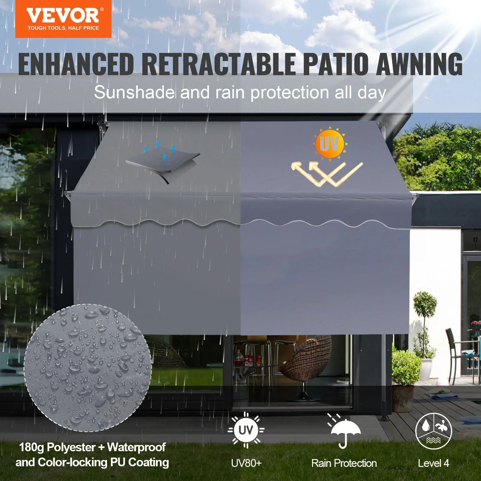 VEVOR Manual Retractable Awning, 78 Outdoor Retractable Patio Awning Sunshade Shelter, Adjustable Patio Door Window Awning Canopy with 39 Sun Shade Curtain for Backyard, Garden, Balcony