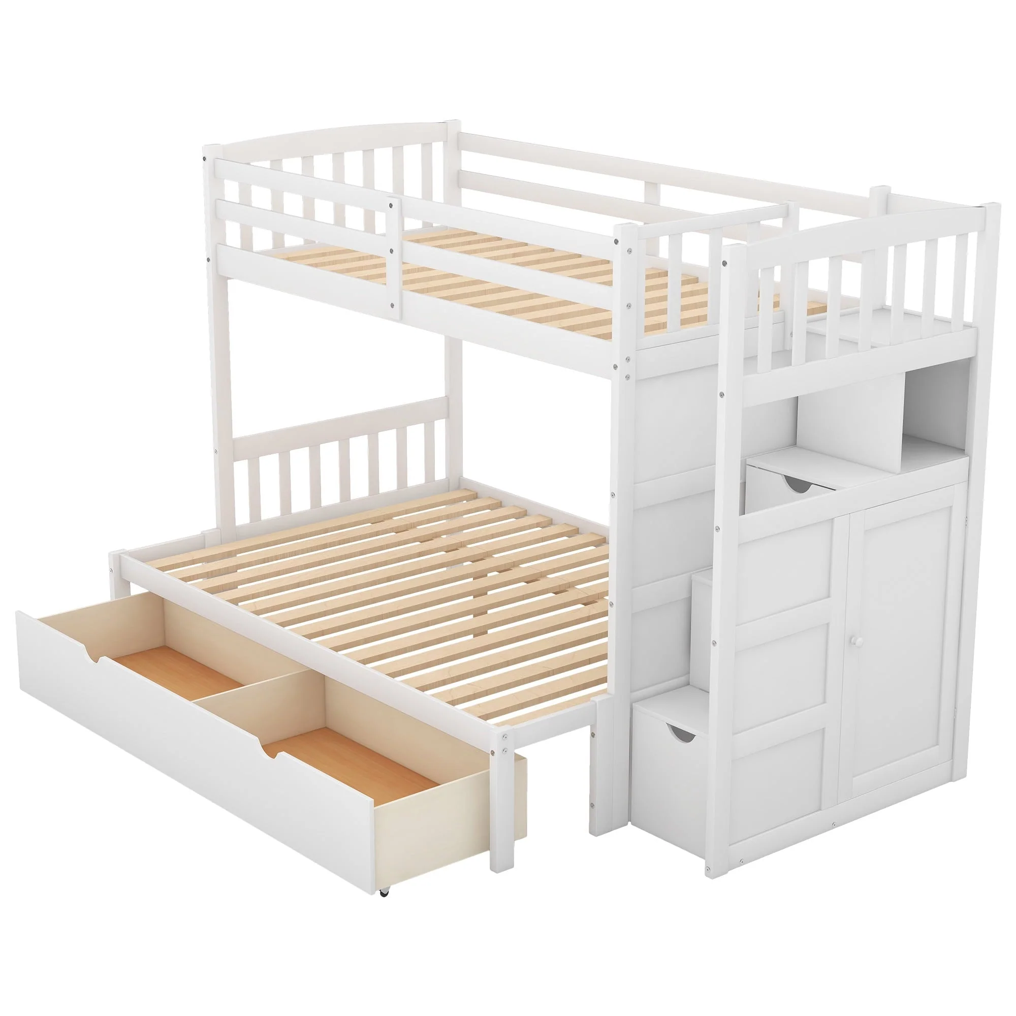 Twin over Twin Bunk Bed with Drawer and Cabinet for Kids Bedroom, White - Image 10