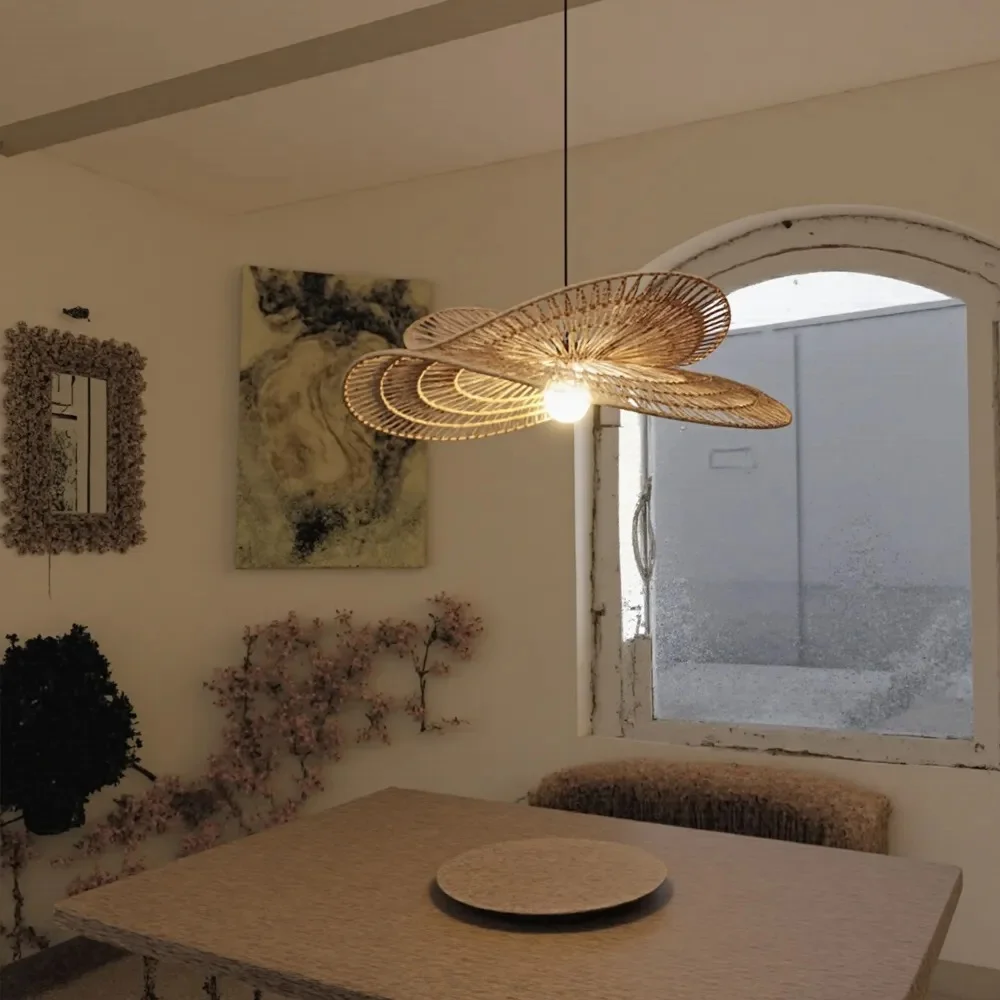 Arturesthome Vintage Handmade Rattan Woven Creative Double-Layer Straw Hat Pendant Light