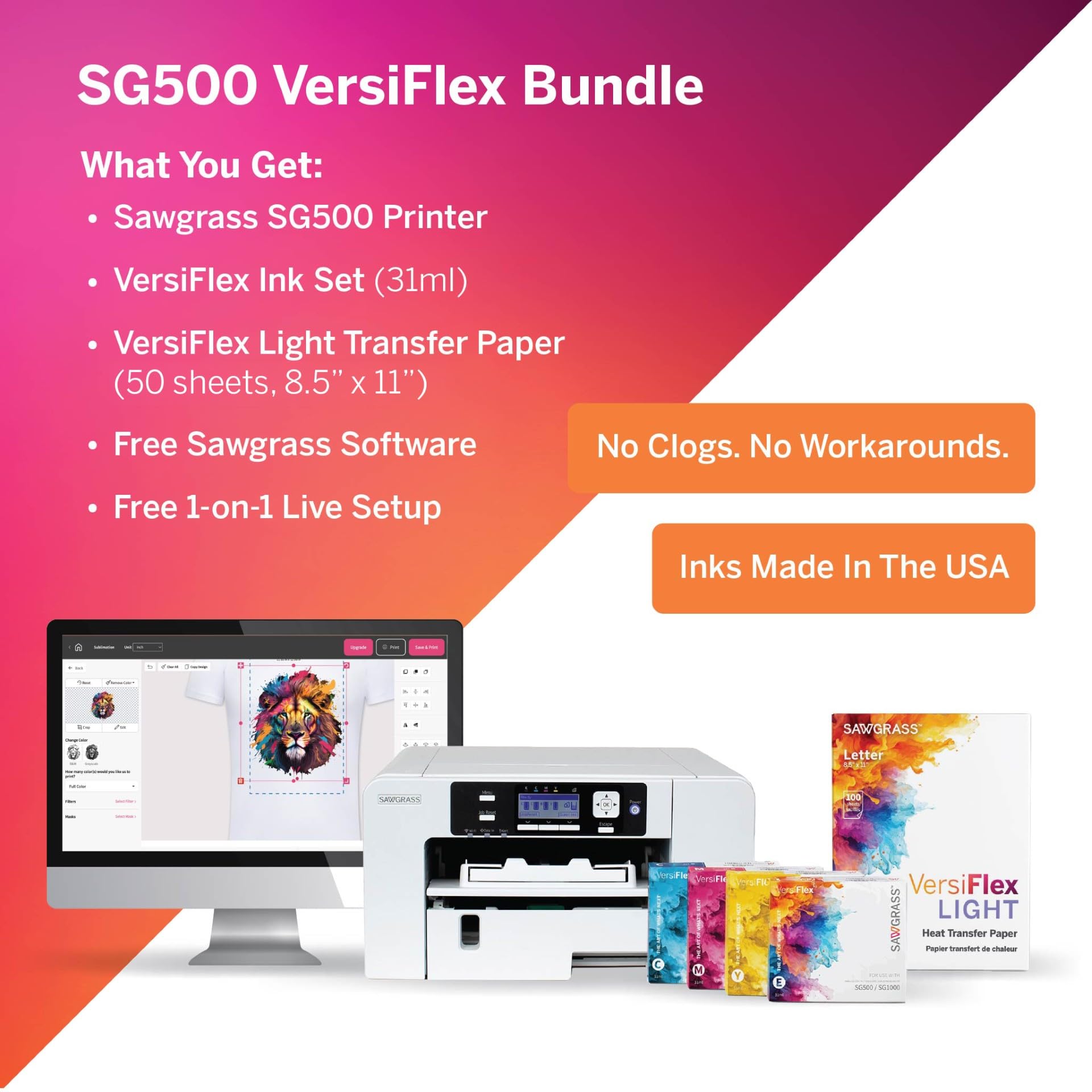 SG500 VersiFlex Sublimation Printer | Transfer to Cotton, Metal, Wood & Polyester | Anti-Clog Tech | Includes Soft-Touch Infusible Inks & 8.5x11 Transfer Paper