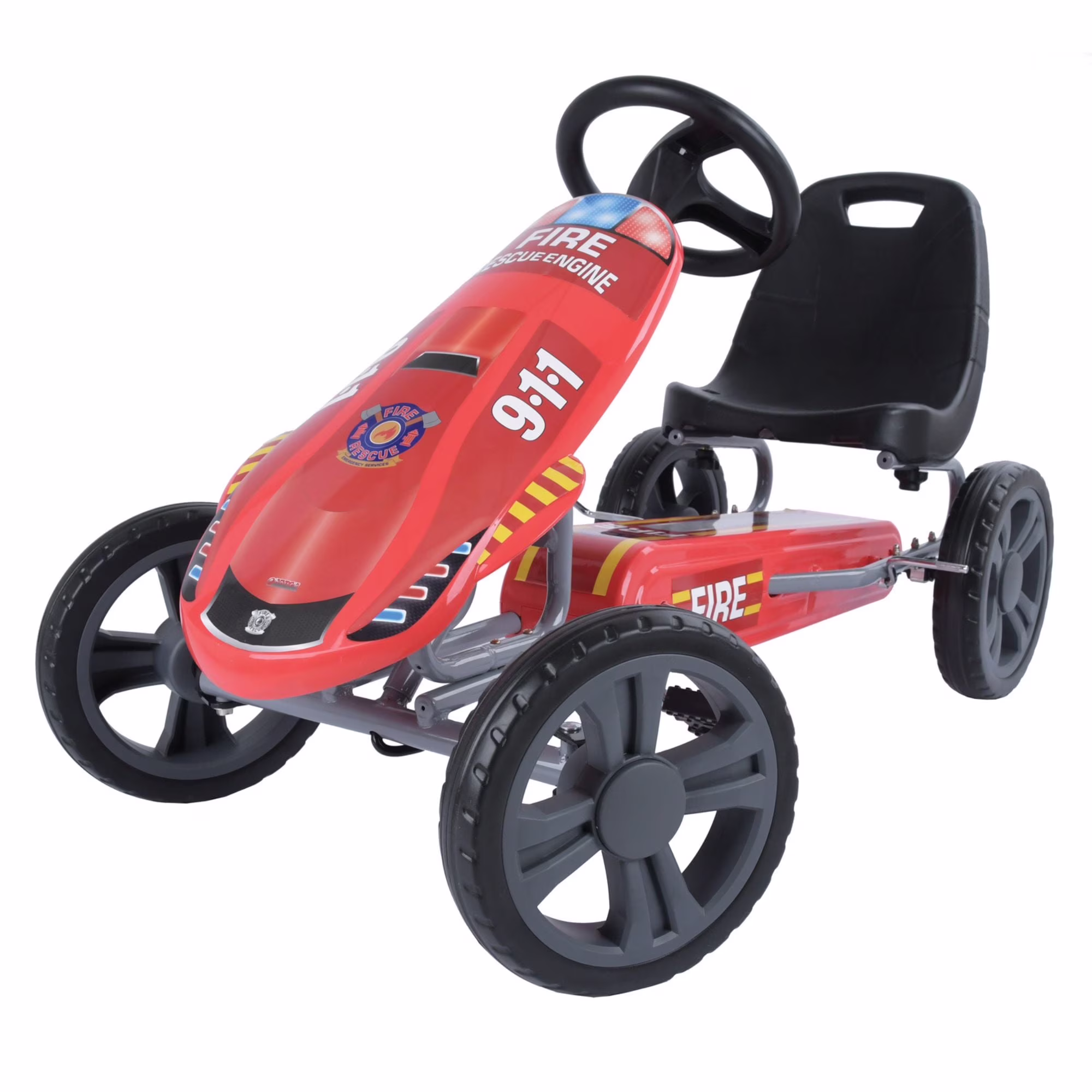Speedster Pedal Go Kart w/ Adjustable Bucket Seat for Kids Ages 4 to 8, Fire Rescue(Red, Fire Engine)