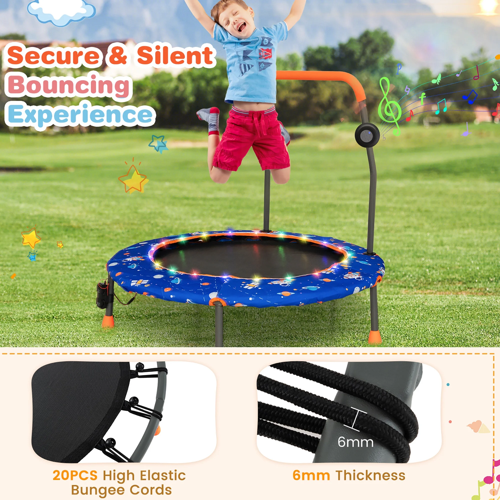 36'' Mini Toddler Trampoline w/ LED Bluetooth Speaker Detachable Handle Kids Gifts Blue - Image 4