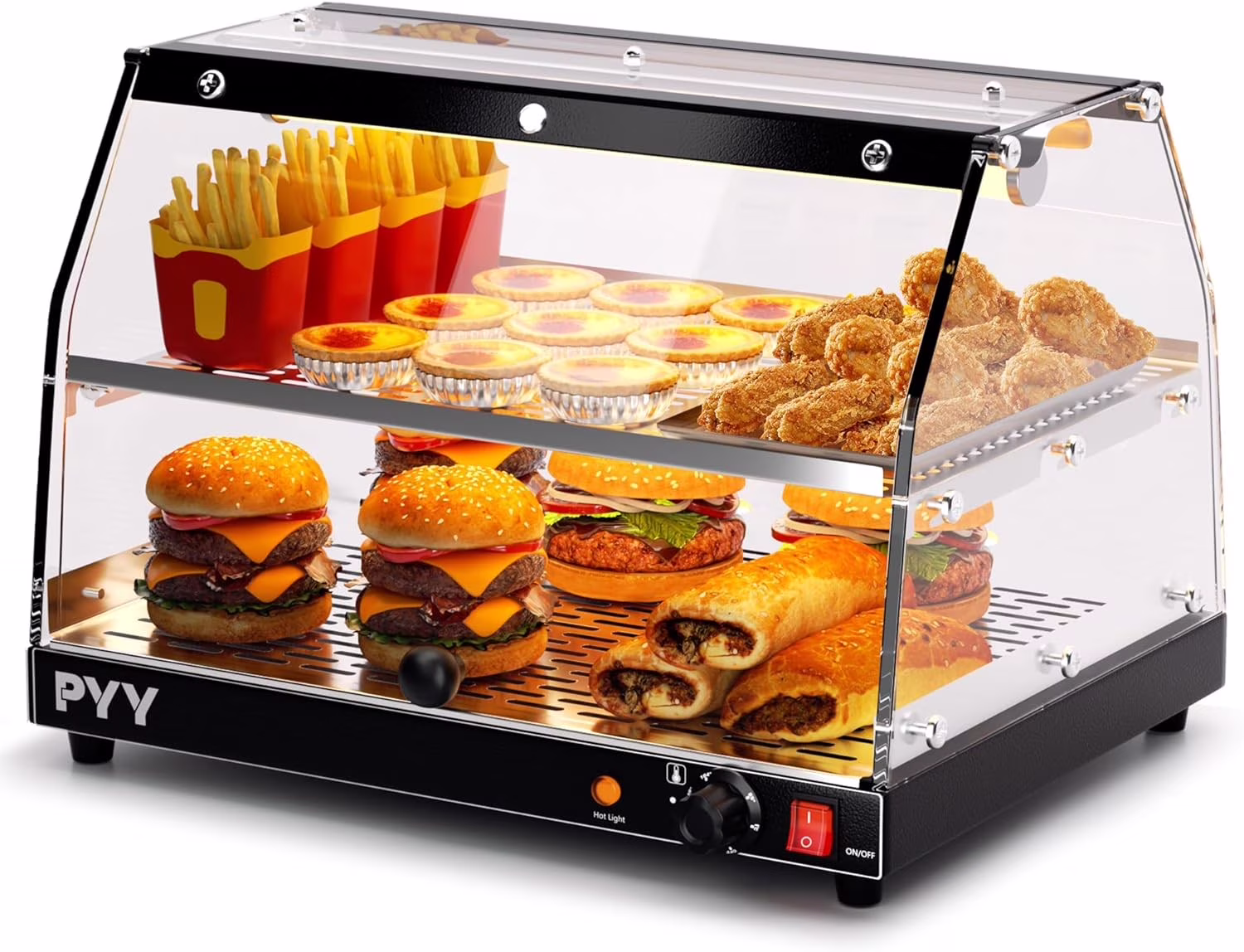 Commercial Food Warmer Display, 2 - Tier Electric Countertop Food Warmer with LED Lighting Adjustable Glass Door, Pastry Display Case for Buffet Restaurant Black