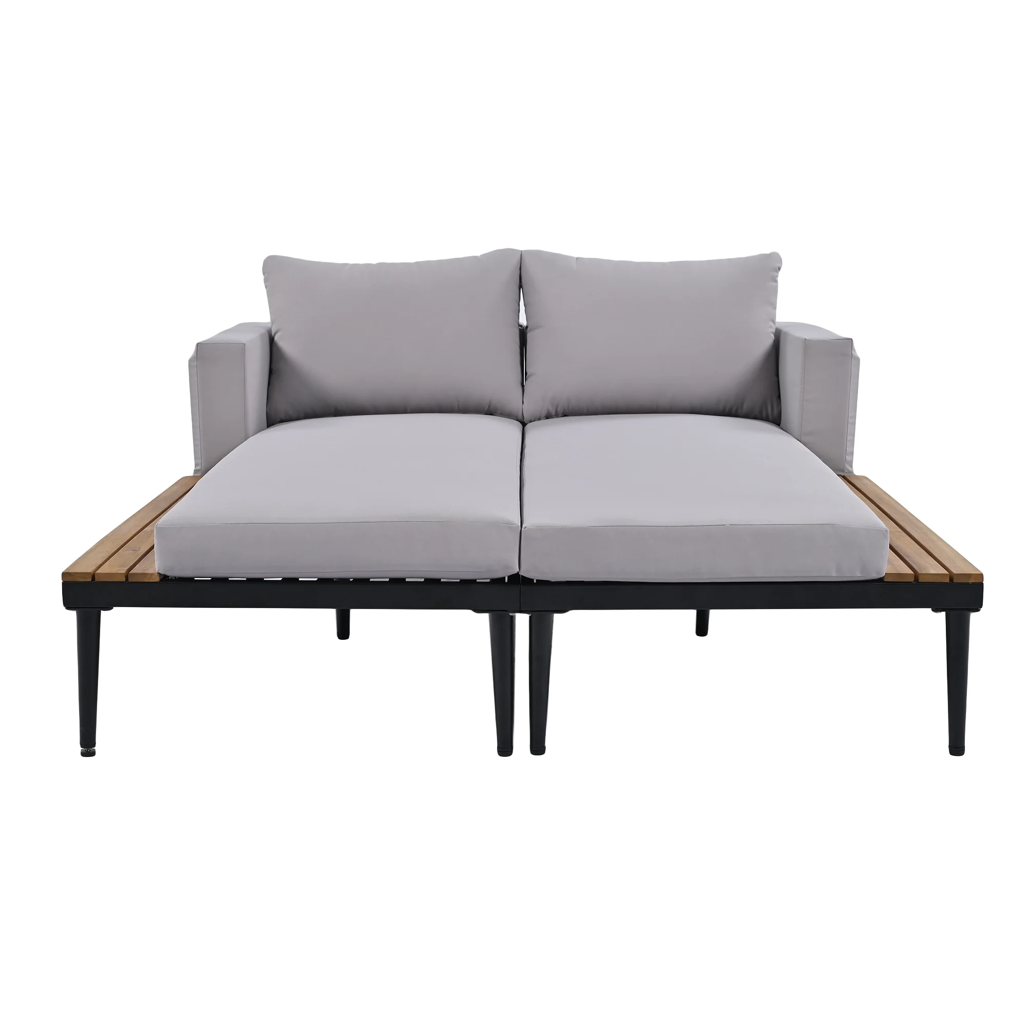 Patio Outdoor Metal Daybed for 2, All Weather Outdoor Chaise Lounges Reclining Chairs with Wood Topped Side Spaces for Drinks for Poolside Balcony Deck, Gray(Gray) - Image 10