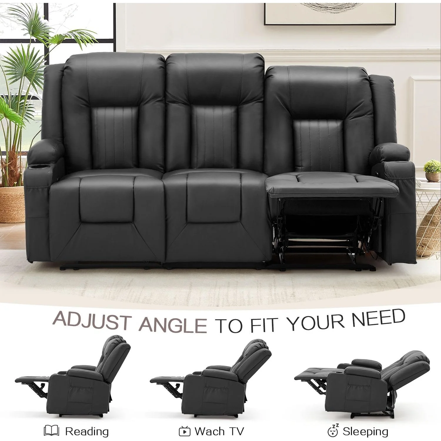 AECOJOY 3 Seater Reclining Sofa with 2 Cup Holders&Side Pockets, Black