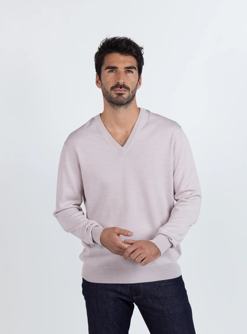 Pull homme col V 100% mérinos beige naturel