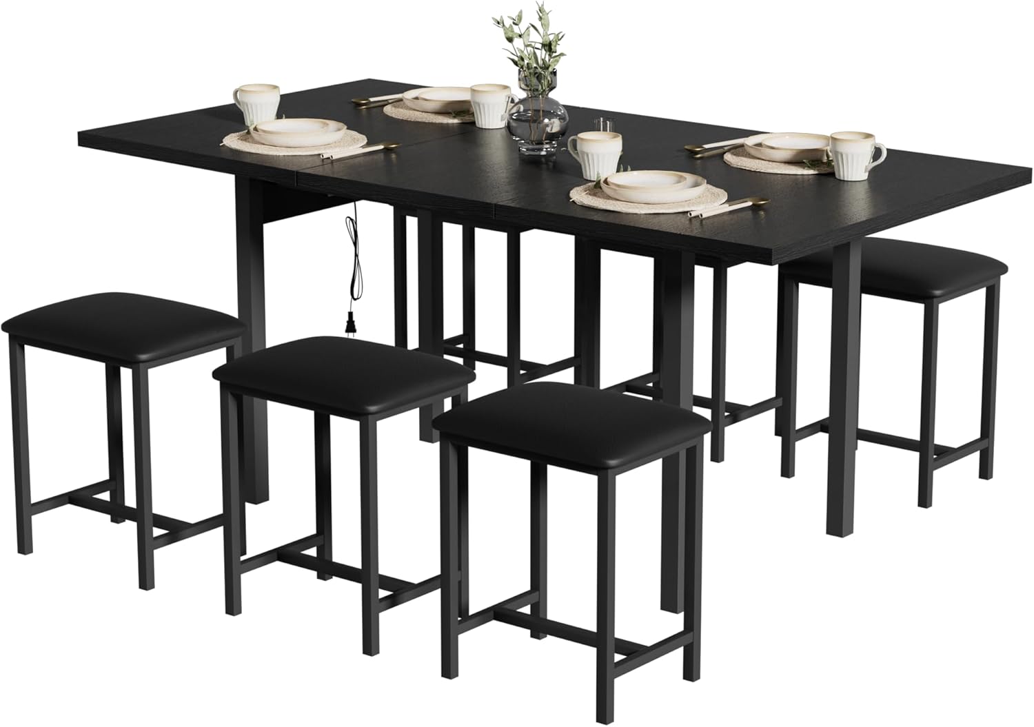 VECELO 7-Piece Dining Table Set with 6 Square Stools, 63
