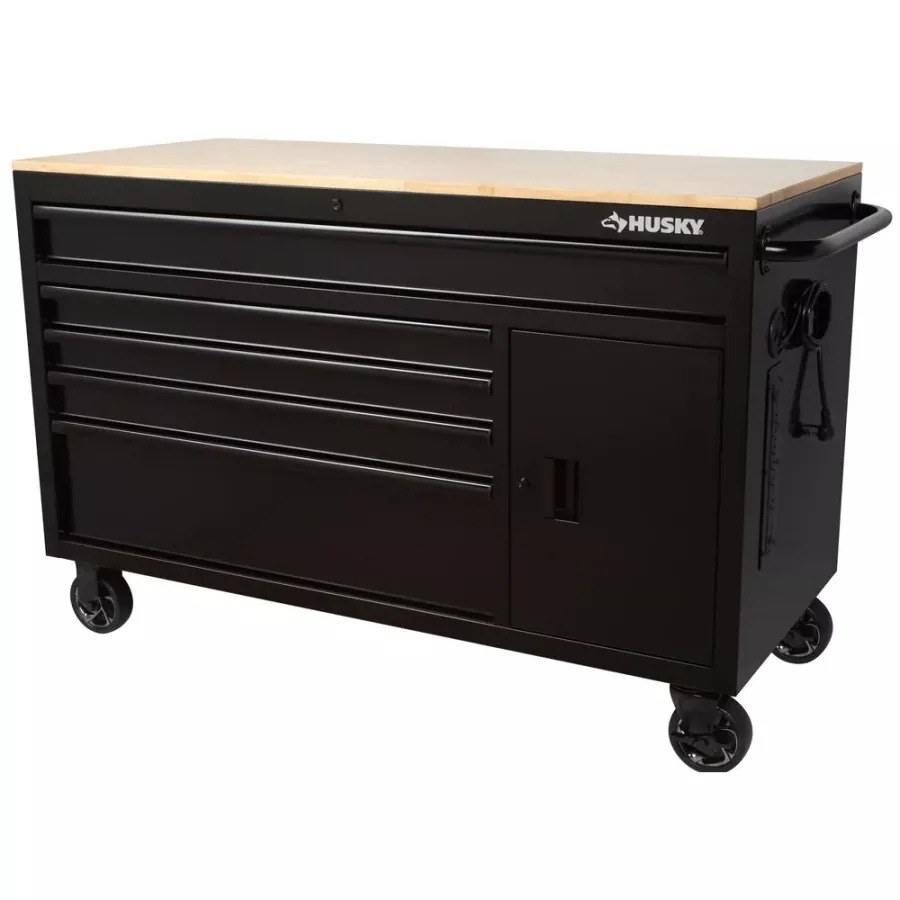 Coffre à outils mobile de 142 cm de large, 5 tiroirs, 1 porte, profond, noir brillant, plateau en bois dur