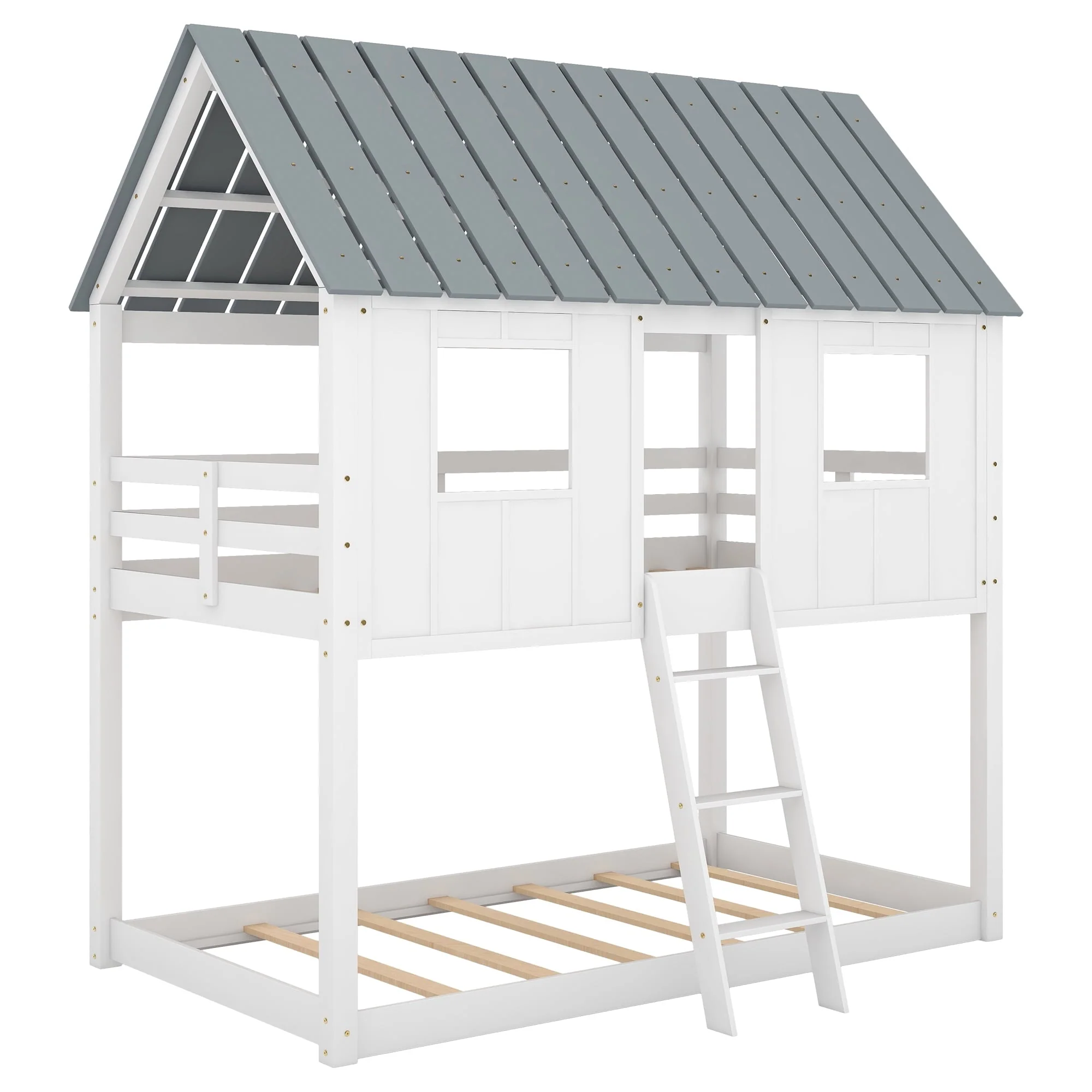 Twin over Twin Low Bunk Bed with Roof and Guardrail for Kids Room, White Image 5