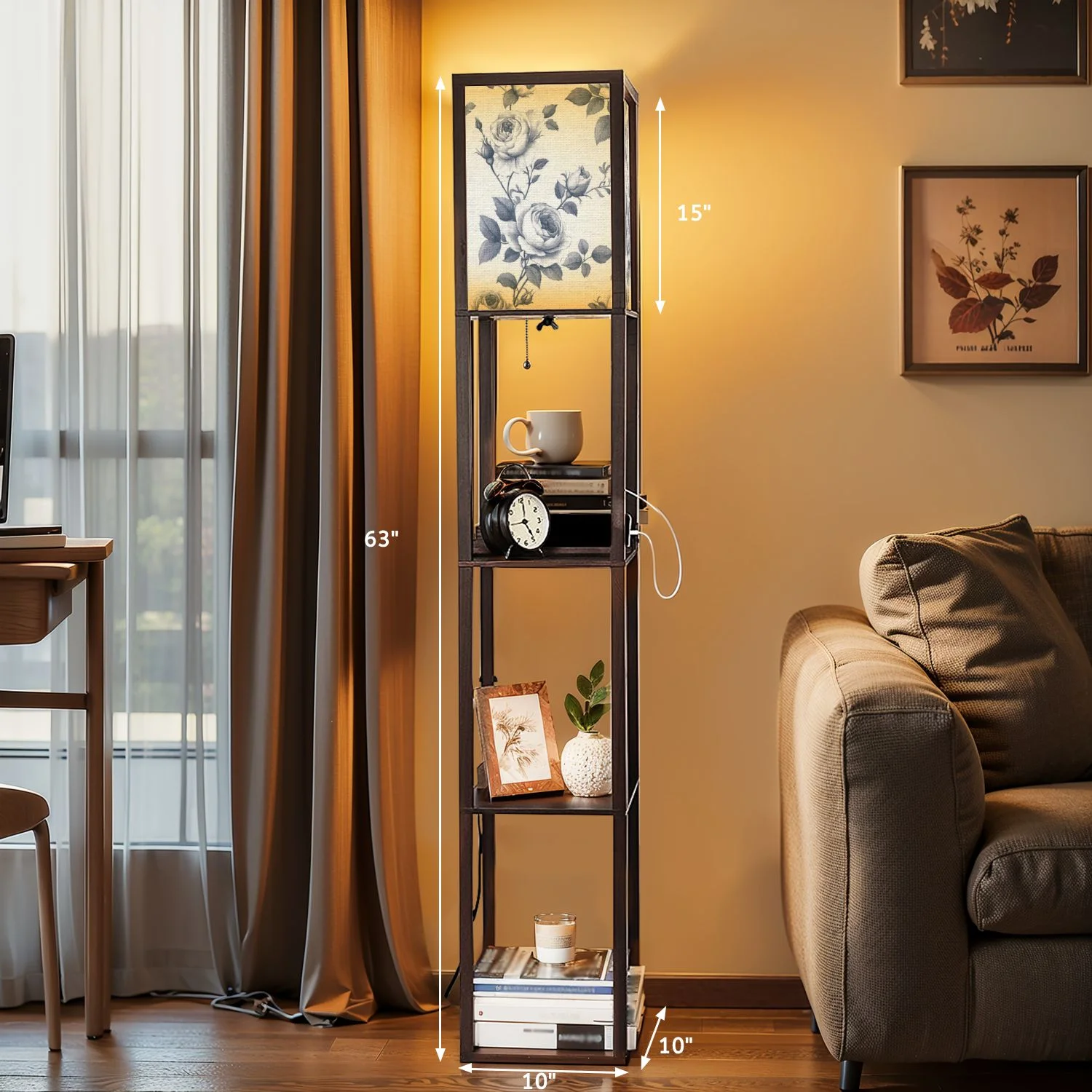 Floor Lamp with Shelves,Modern Dimmable Standing Lamp Floral Corner Display Bookshelf Lamp with 2 USB 1 Power Outlet for Living Room Bedroom(Color-5) - Image 2