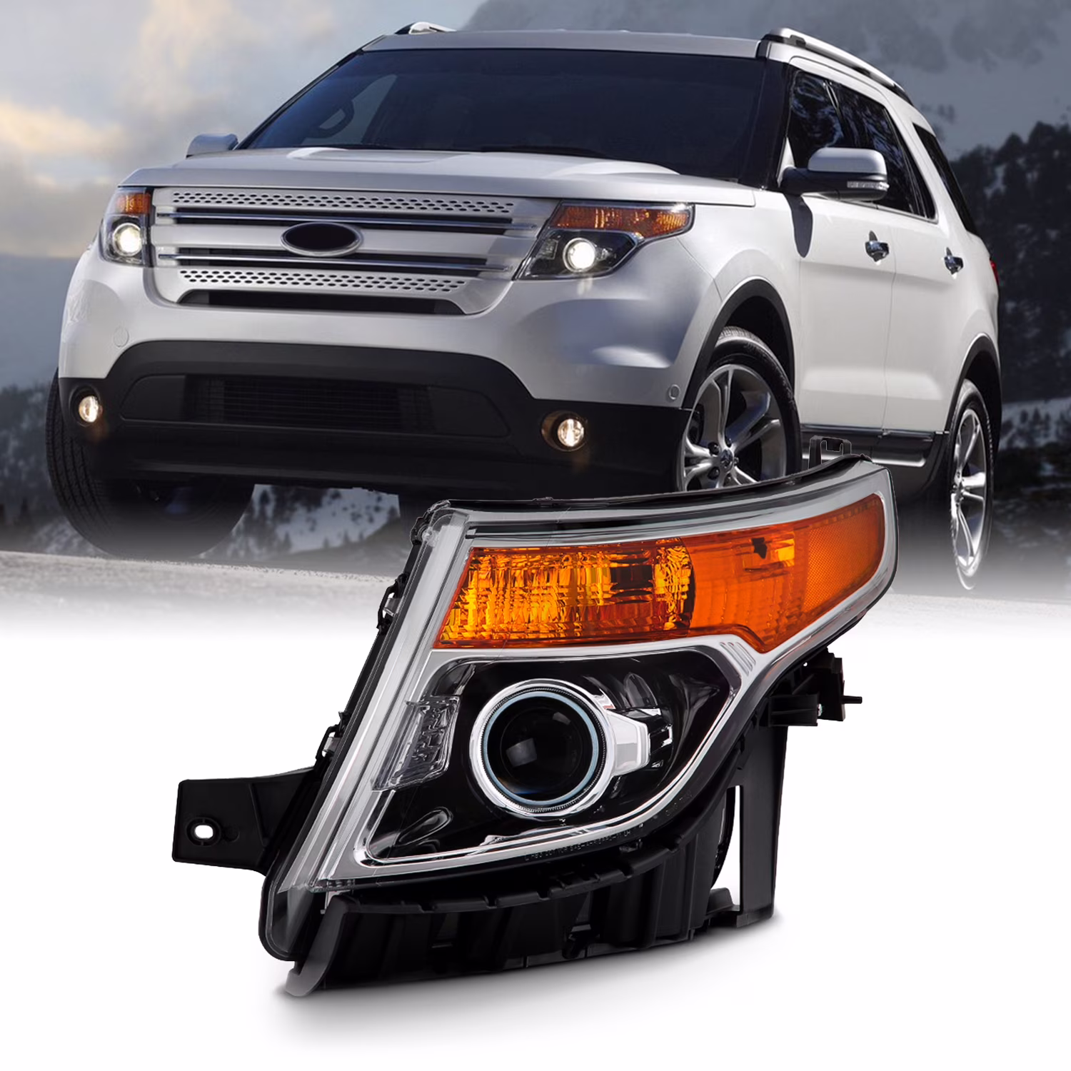 For 2011-15 Ford Explorer Driver + Passenger Projector Headlight Assembly Chrome Housing Clear Lens Full Set(5_HD-JH-FEXP11-OE-L_HD-JH-FEXP11-OE-R) - Image 3
