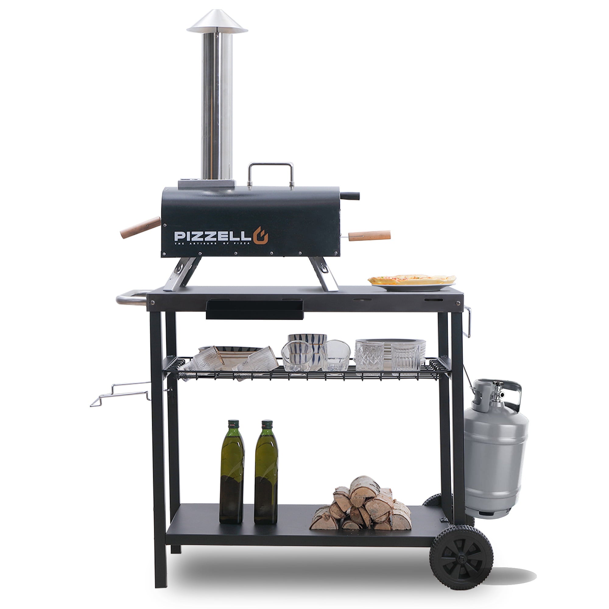 Grill Cart. Pizza Oven Stand. Outdoor bbq Prep Station with Storage. Wheel. Hook. Handle. Black Steel Tabletop. Garbage Bag Holder. Paper Towel Holder. Movable Spice Rack