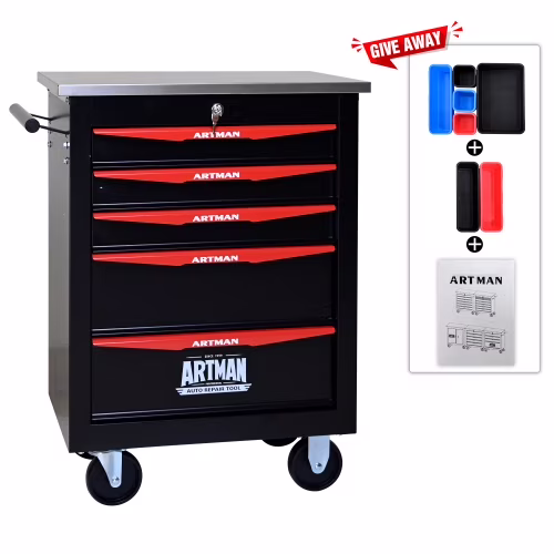 POVANLI 5 Drawer Portable Tool Box With Wheels,Tool Chest With Key Locking Tool Boxes/Organizers Black&Red