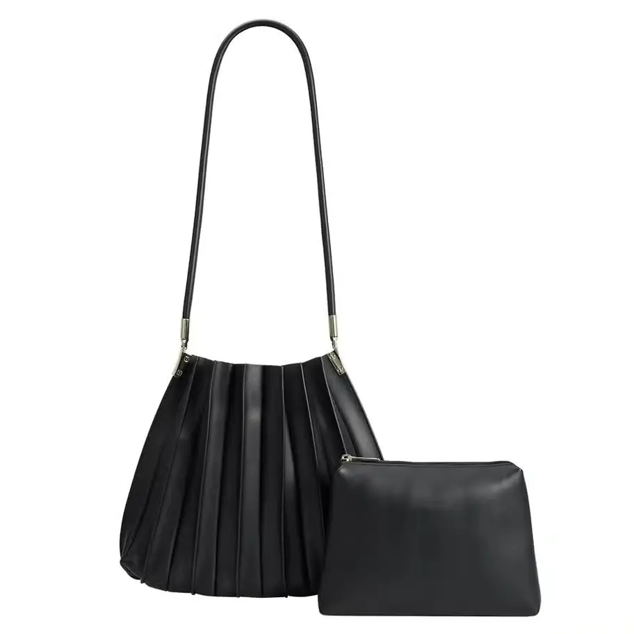 Black Pleated Vegan Shoulder Bag