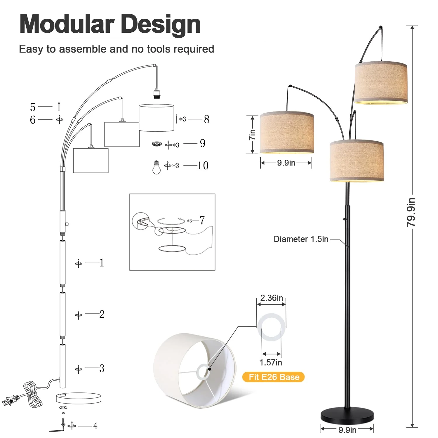 Nintiue Dimmable Floor Lamp. 3 Lights Arc Floor Lamps