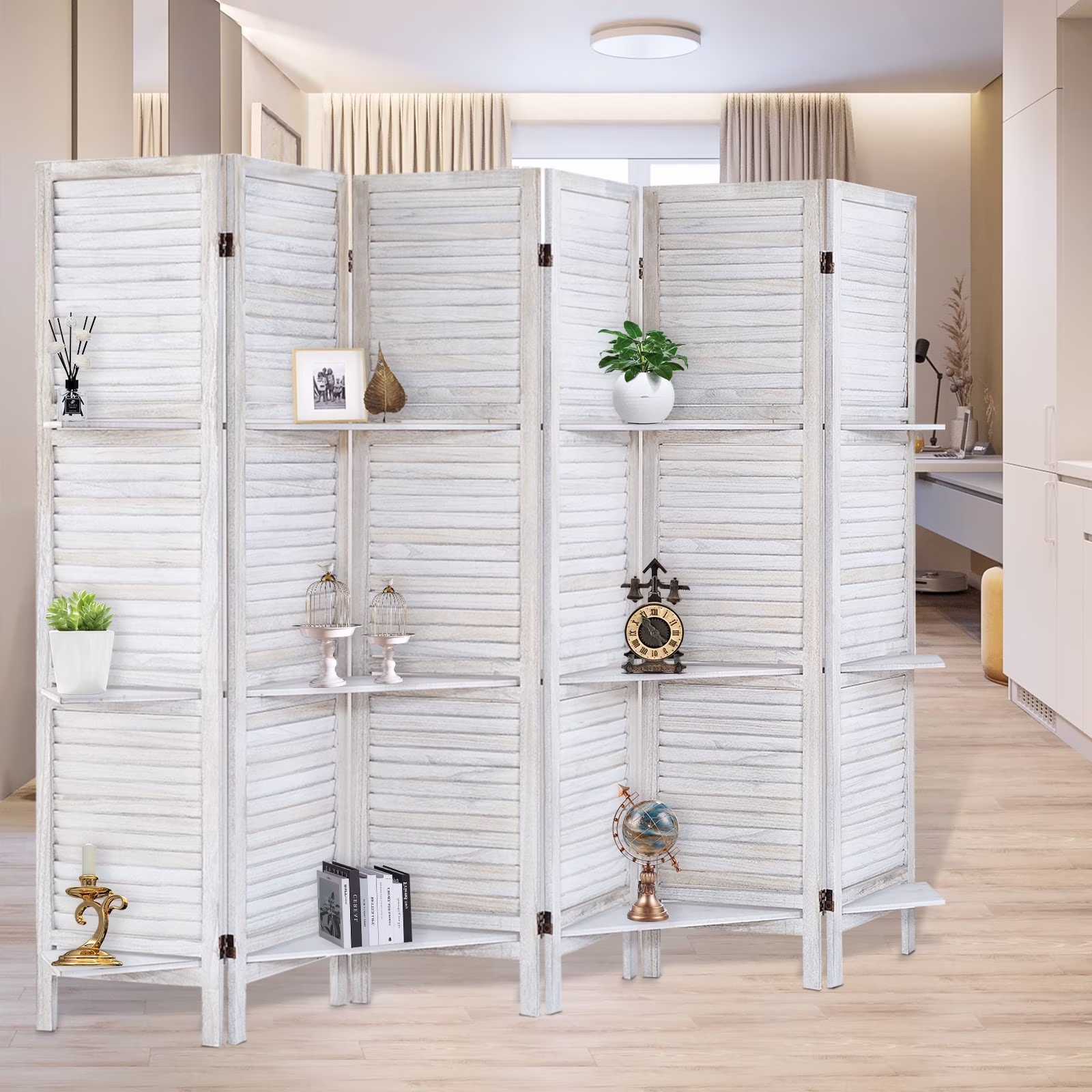 6-Panel Room Divider with Shelves5.6ft Tall Folding Privacy Screen Panels, Room Divider Wall, Divider for Room Separation, Room Divider ShelvesEffectively Block SightNatural(White/6)