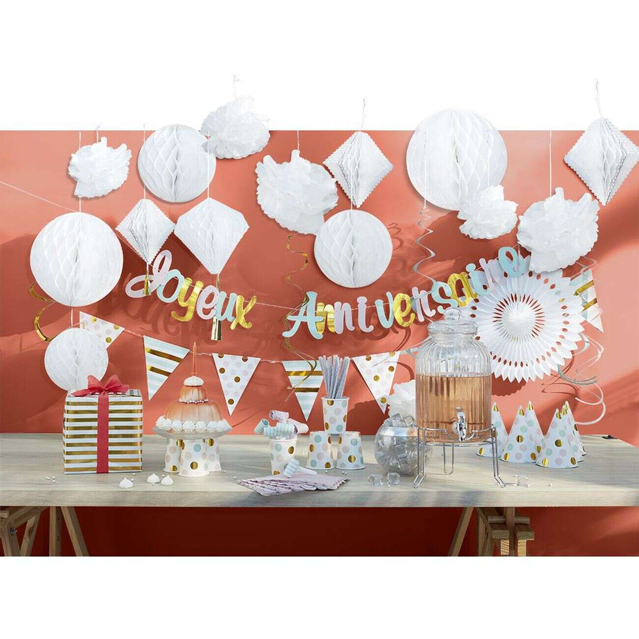 Chapeau de fête blanc à poids rose, vert et doré en carton x 8