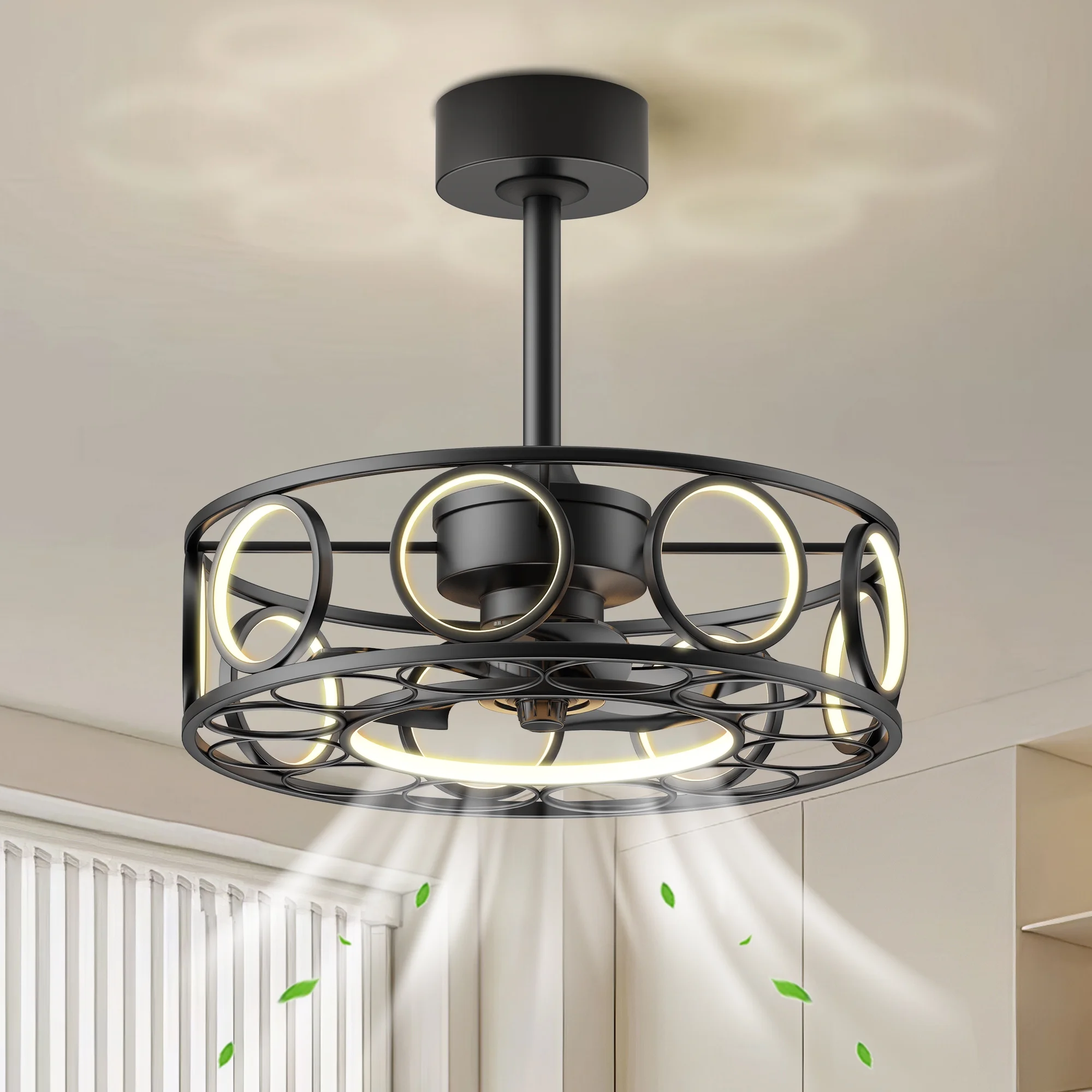 19.7" Caged Ceiling Fan with Light Remote Control, Black Modern 3 Color Temperature Pendant Light for Home & Kitchen
